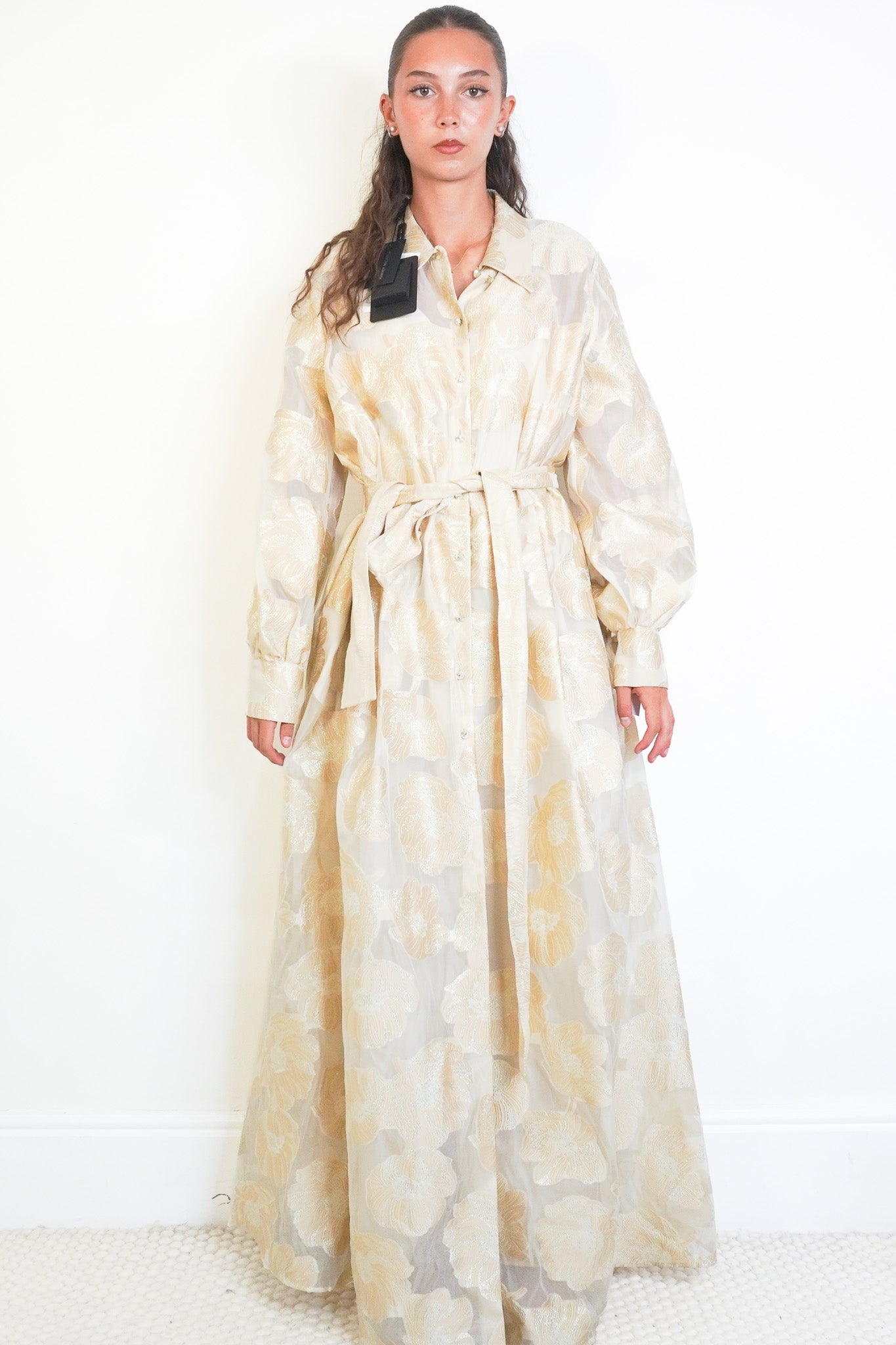 Front image of the NEW Marina Rinaldi Ivory & Gold Floral Jacquard Evening Chelsea London