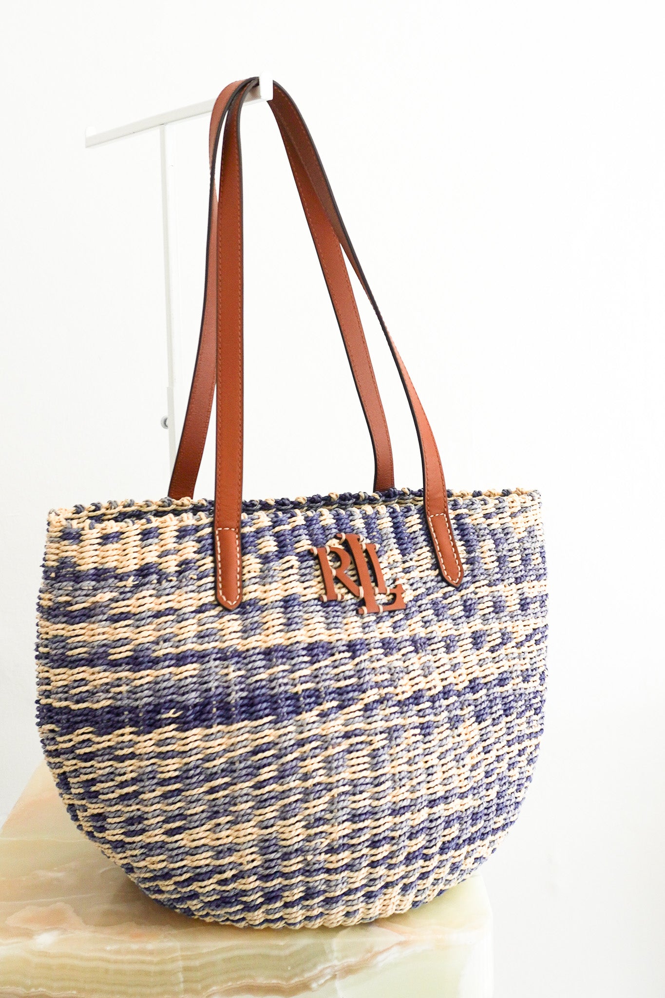 Front image of the Ralph Lauren Beach Bag in Blue and Cream Chelsea London