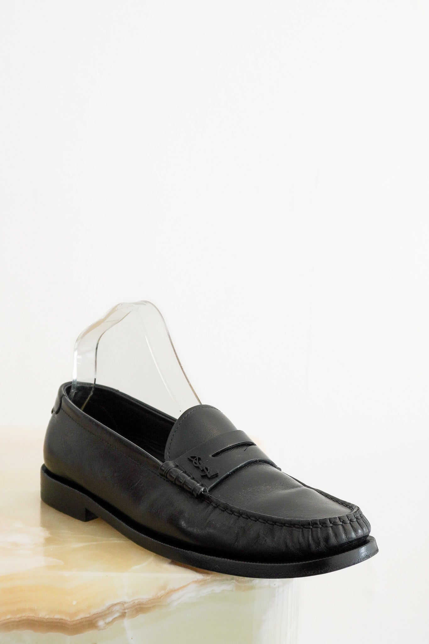 Front image of the Saint Laurent Penny Loafers in Black Chelsea London