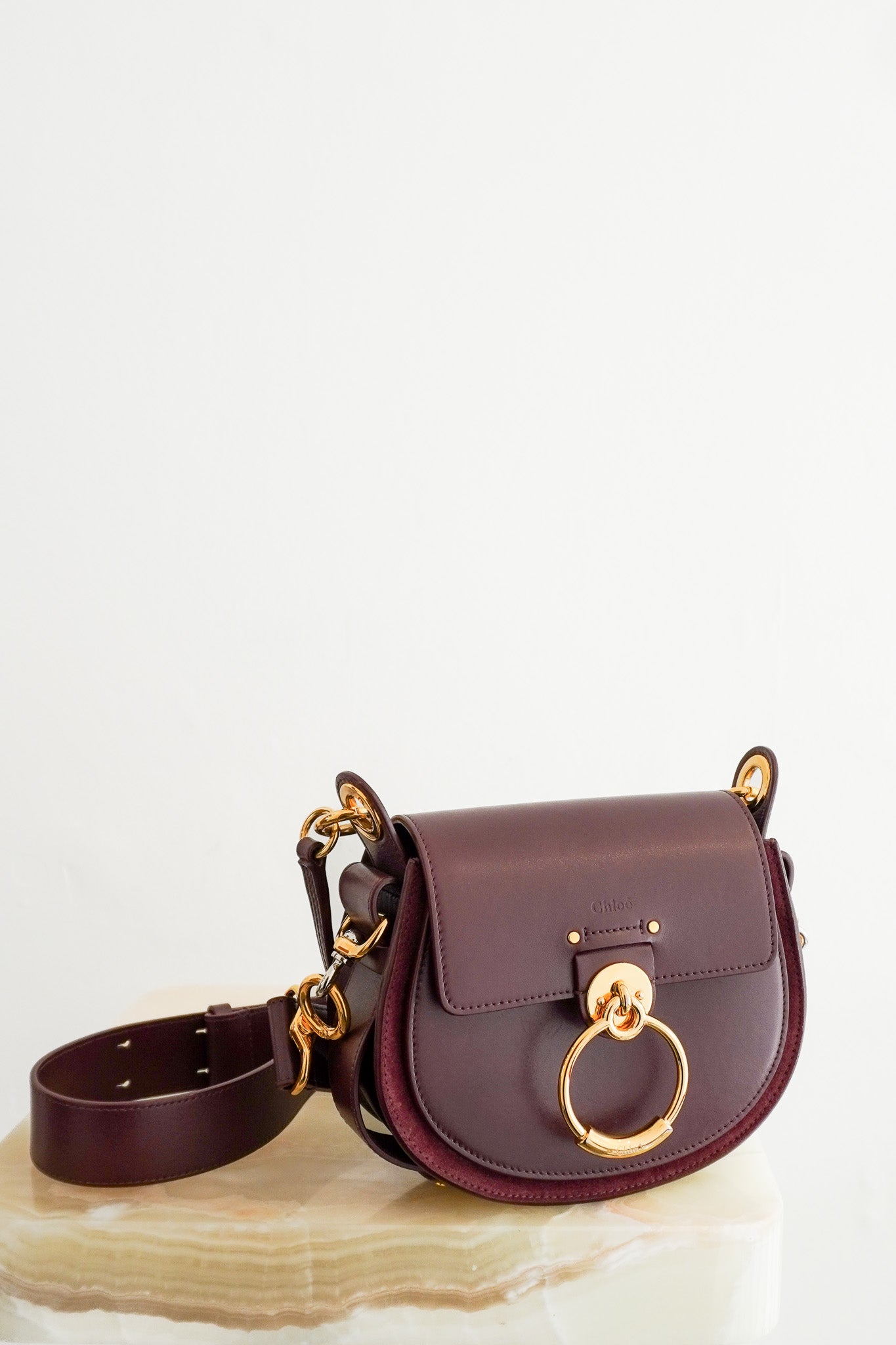 Front images of the Chloe Tess Bag in Burgundy Chelsea London
