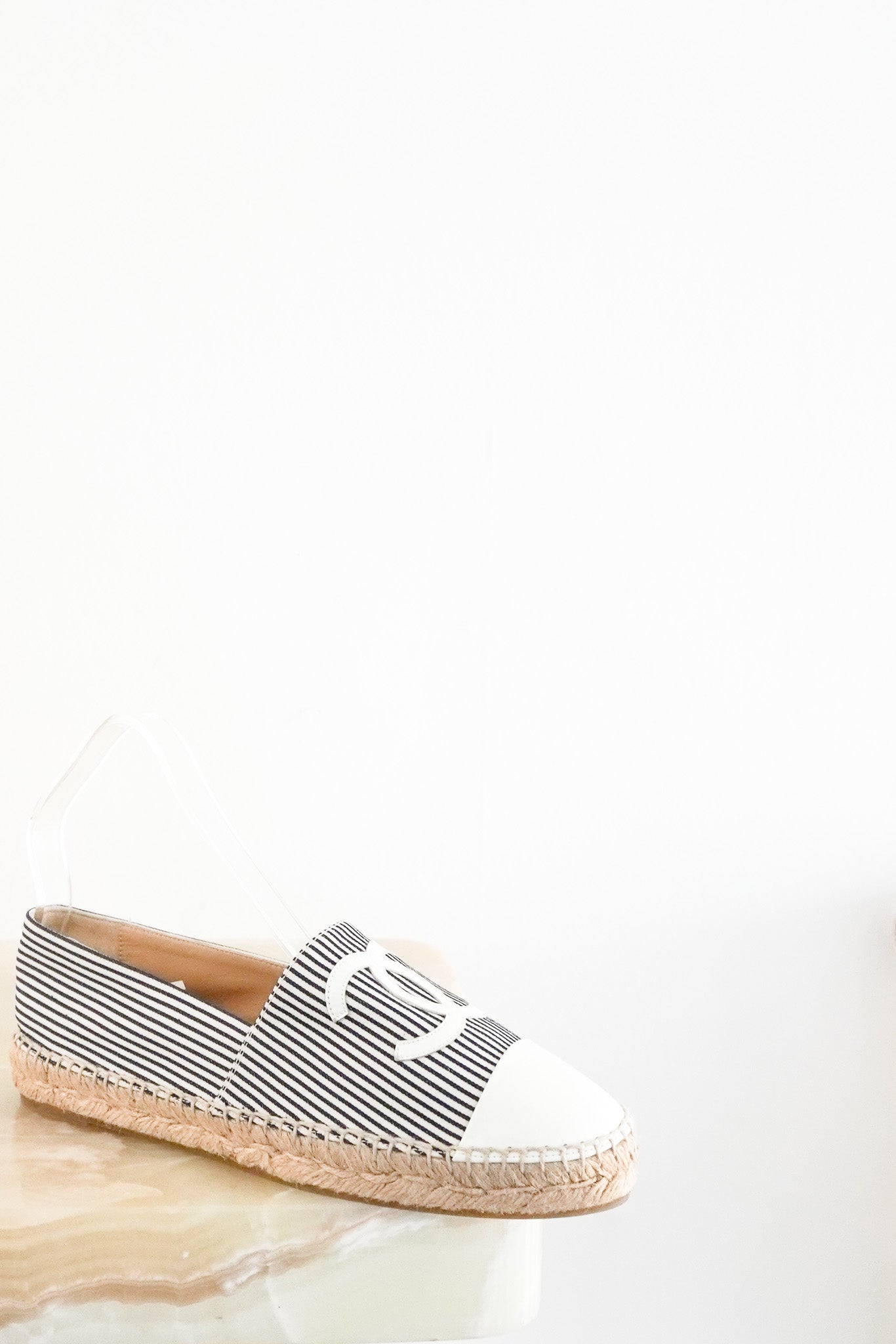 Chanel Navy and White Stripe Logo Espadrilles RRP £750 | Authentic Preloved - Reloved Again