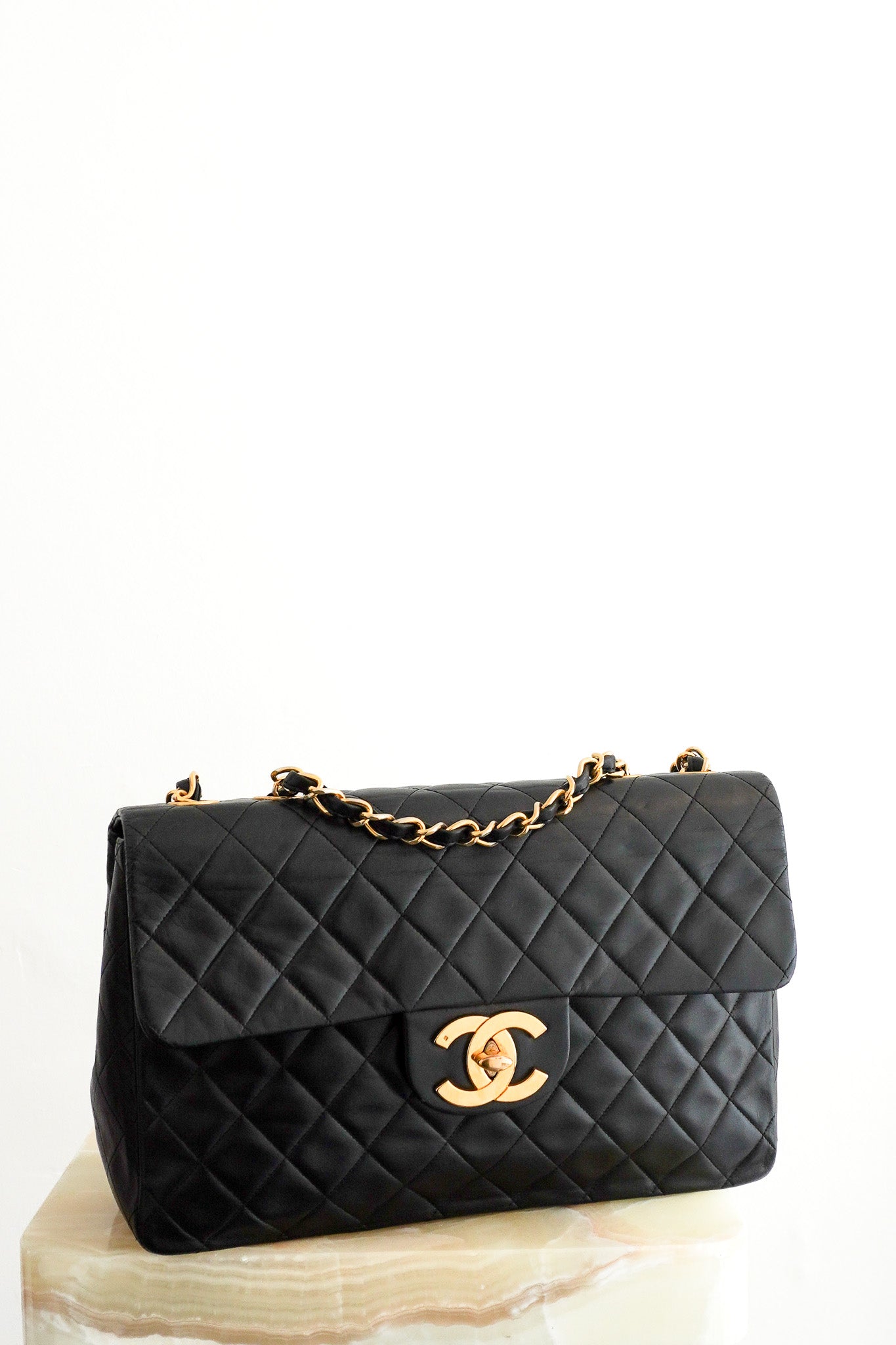 Front photo of the Chanel Vintage Maxi Shoulder Bag in Black chelsea london