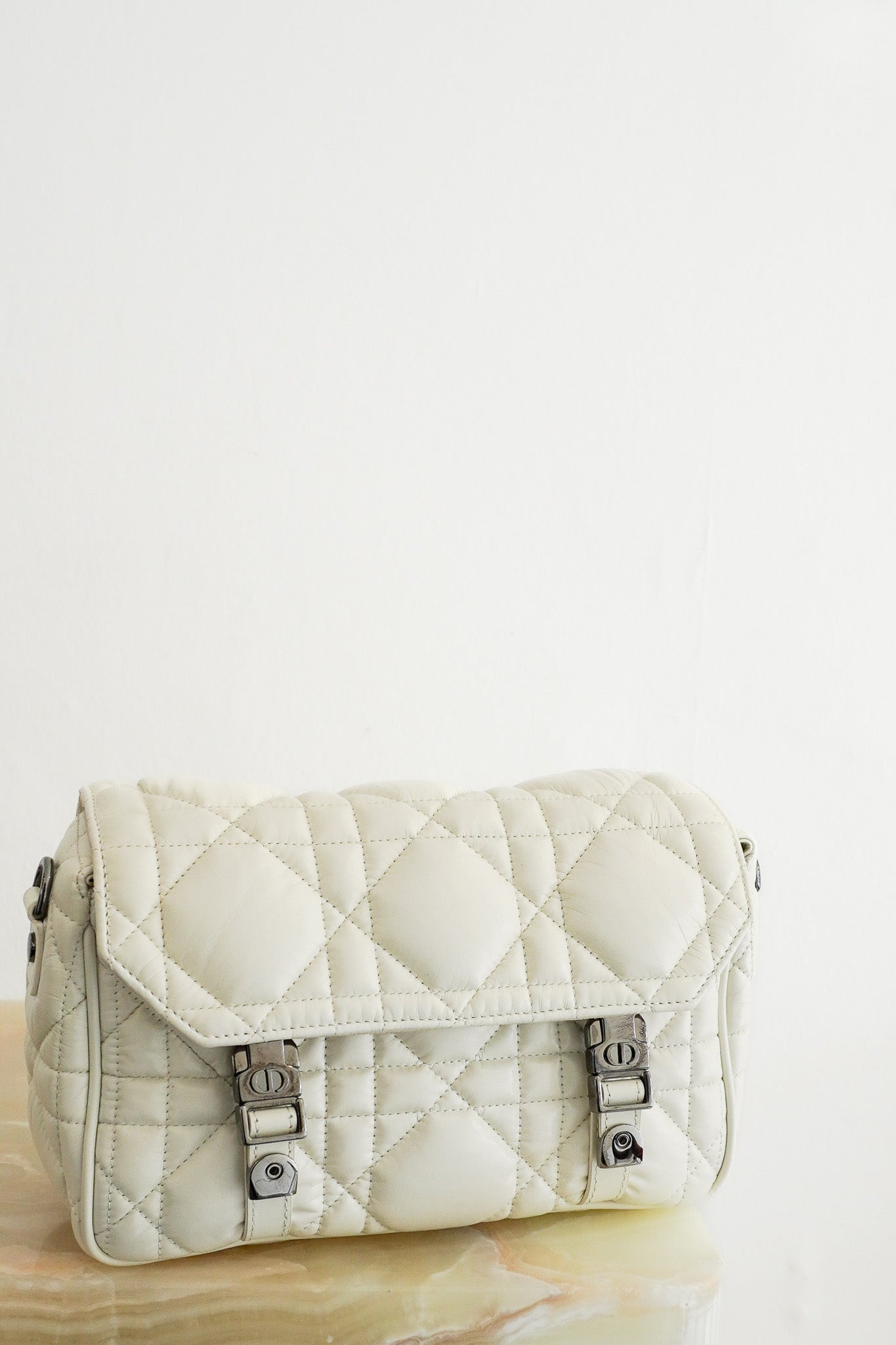 Front photo of the Christian Dior Small Diorcamp Messenger Bag Latte Macrocannage Chelsea London