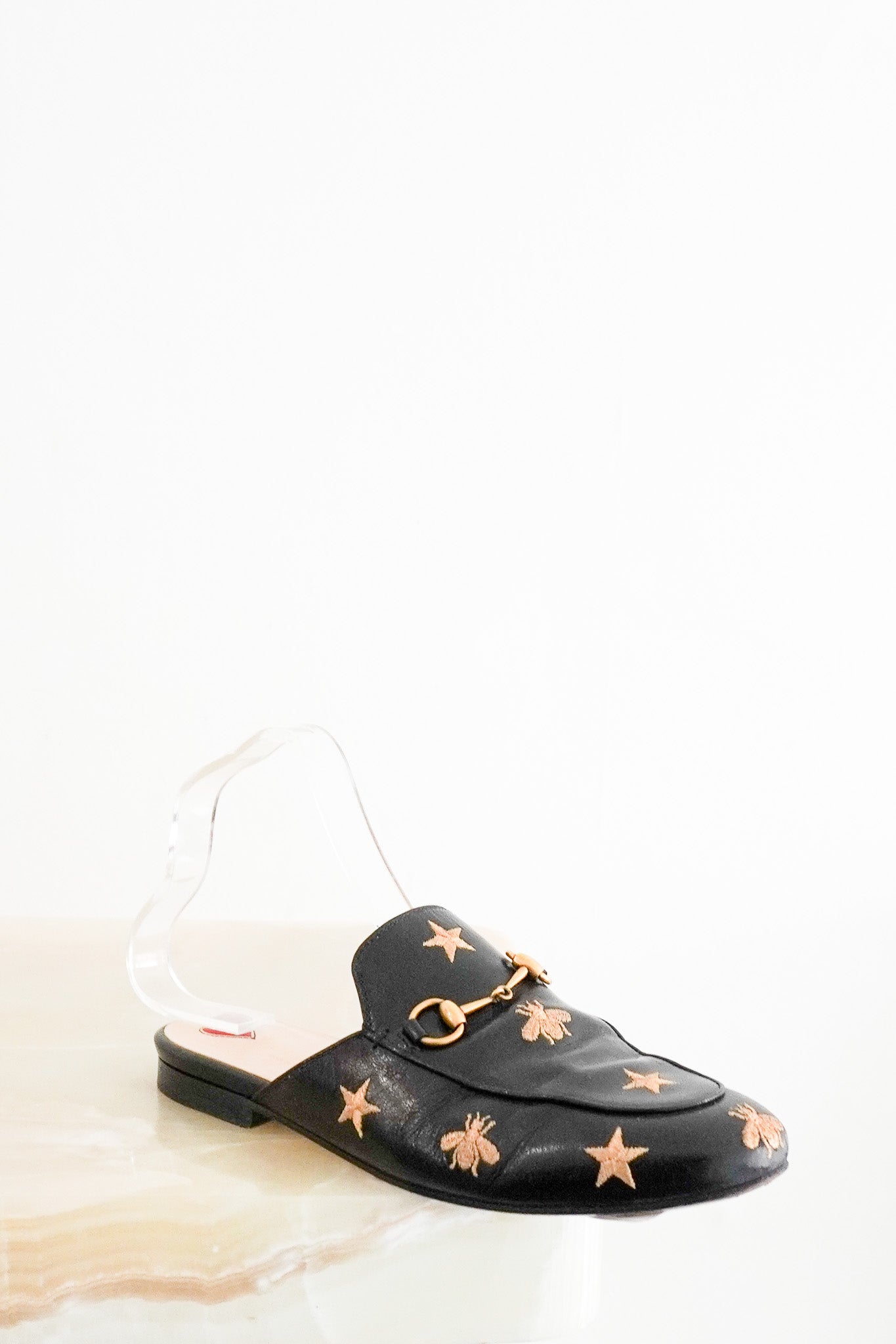 Front photo of the Gucci Bee Printowns Mules Chelsea London
