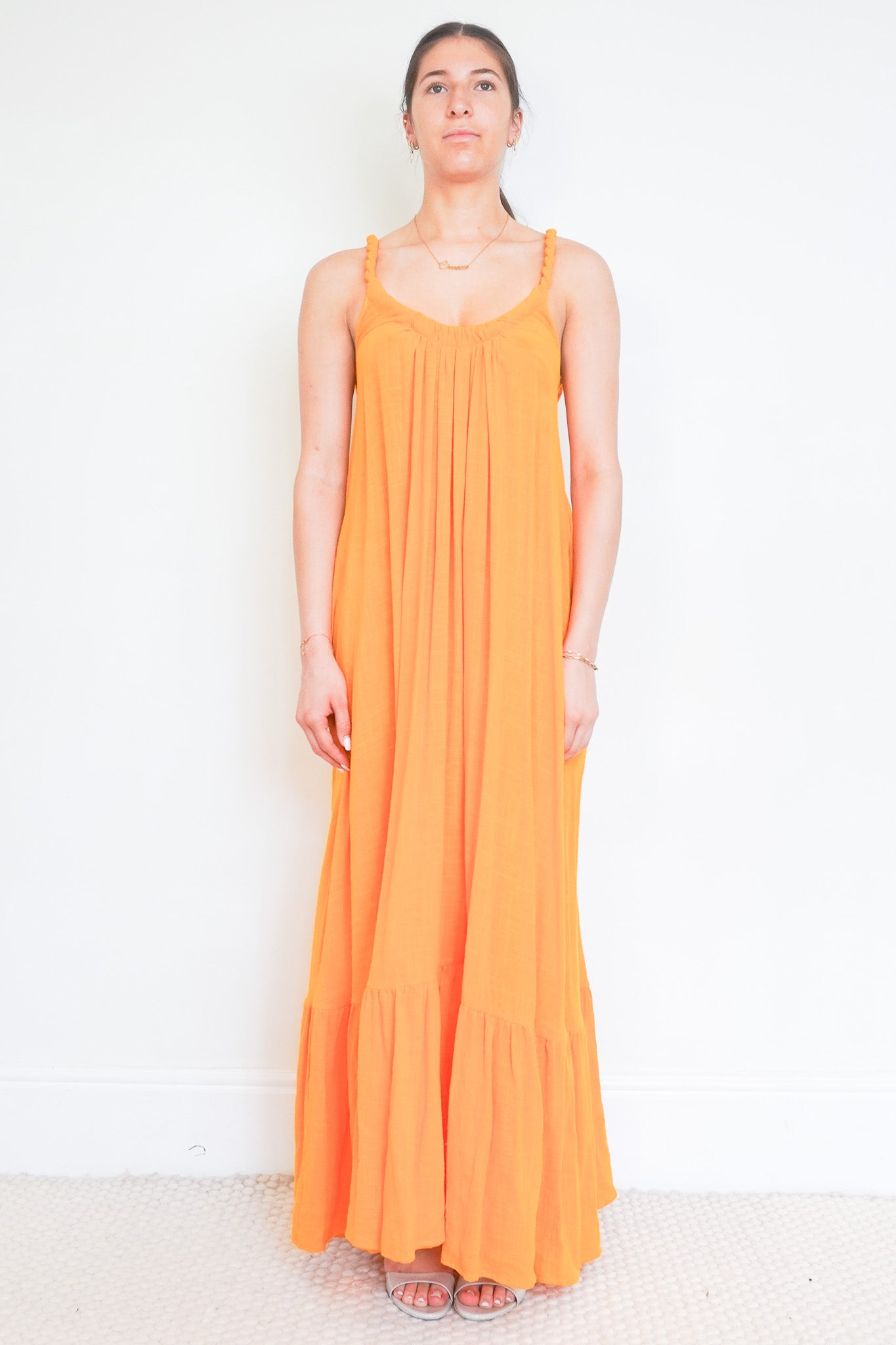 Front photo of the Kalita Orange Dress Chelsea London