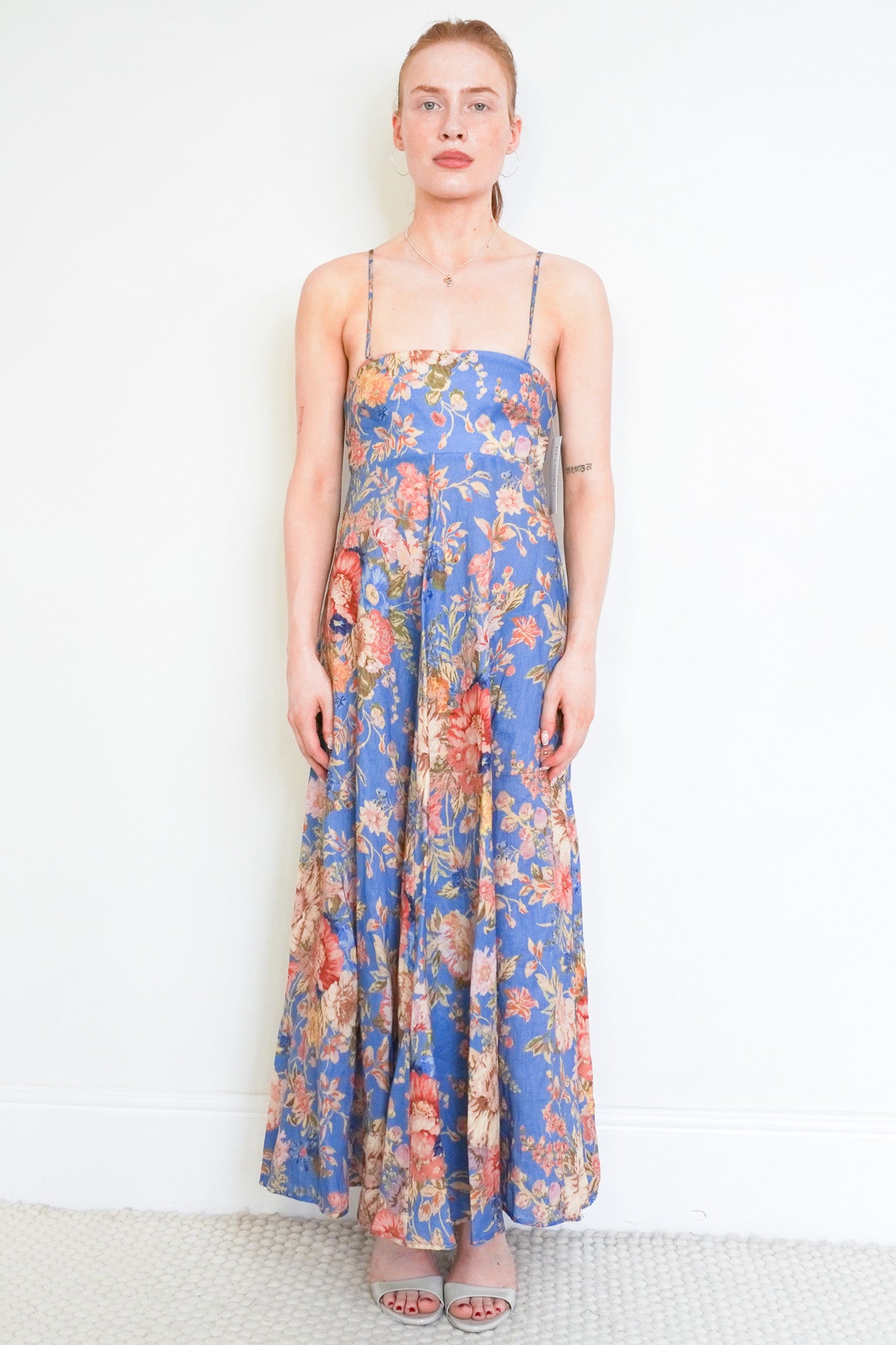 Front photo of the Zimmermann Floral Linen Blue Dress Chelsea London