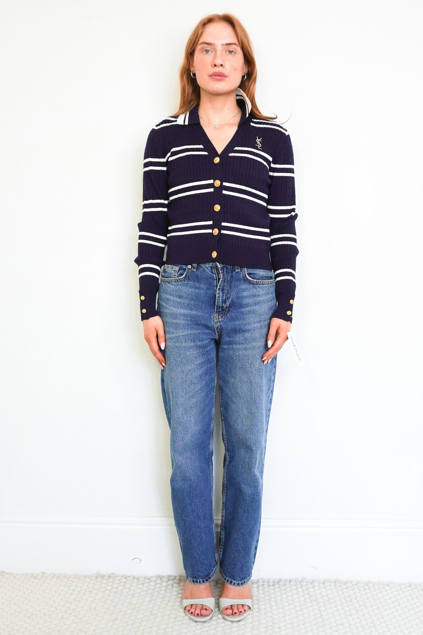 Front photograph of the Saint Laurent Striped Cardigan Chelsea London