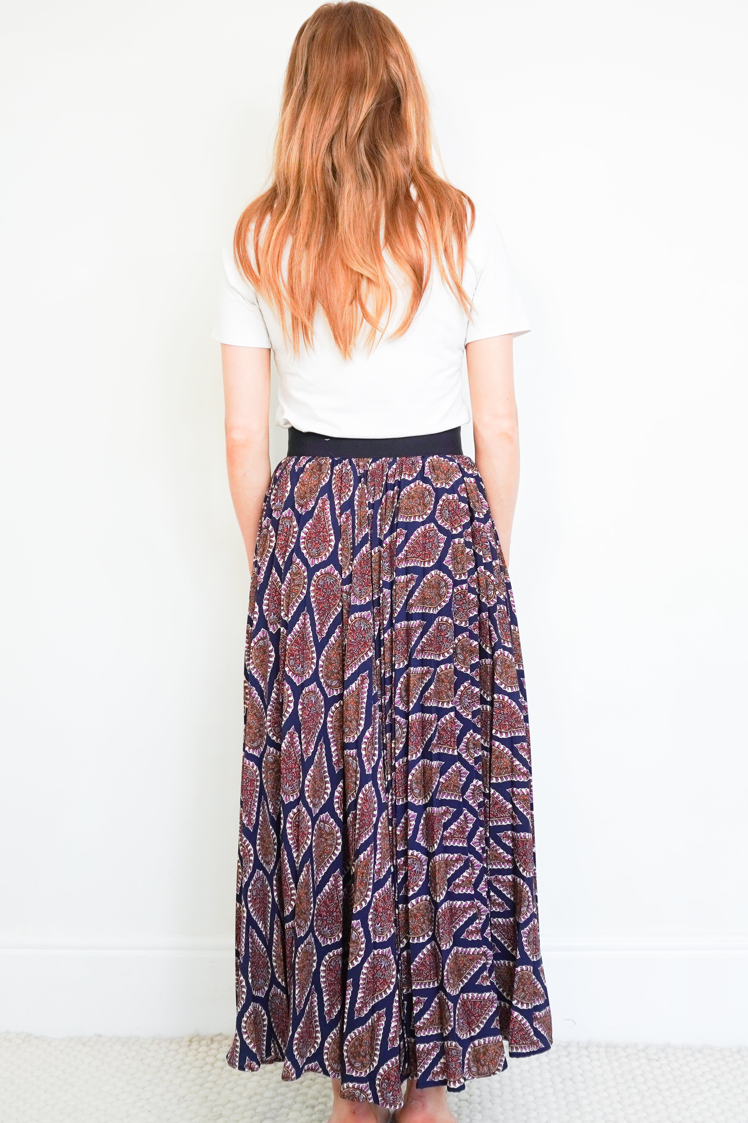 G. Label by Goop Navy Paisley Print Belted Pleated Maxi Skirt back photo chelsea london