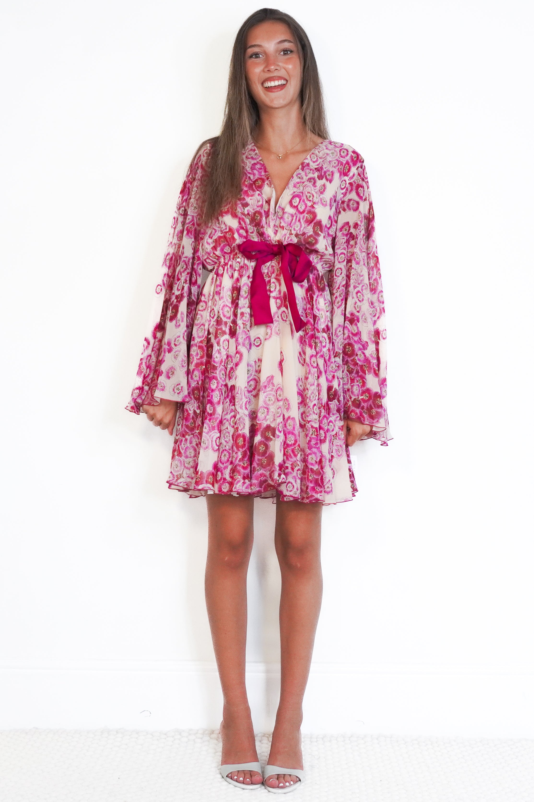 Giambattista Valli Pink Floral Silk Chiffon Mini Dress side photo chelsea london