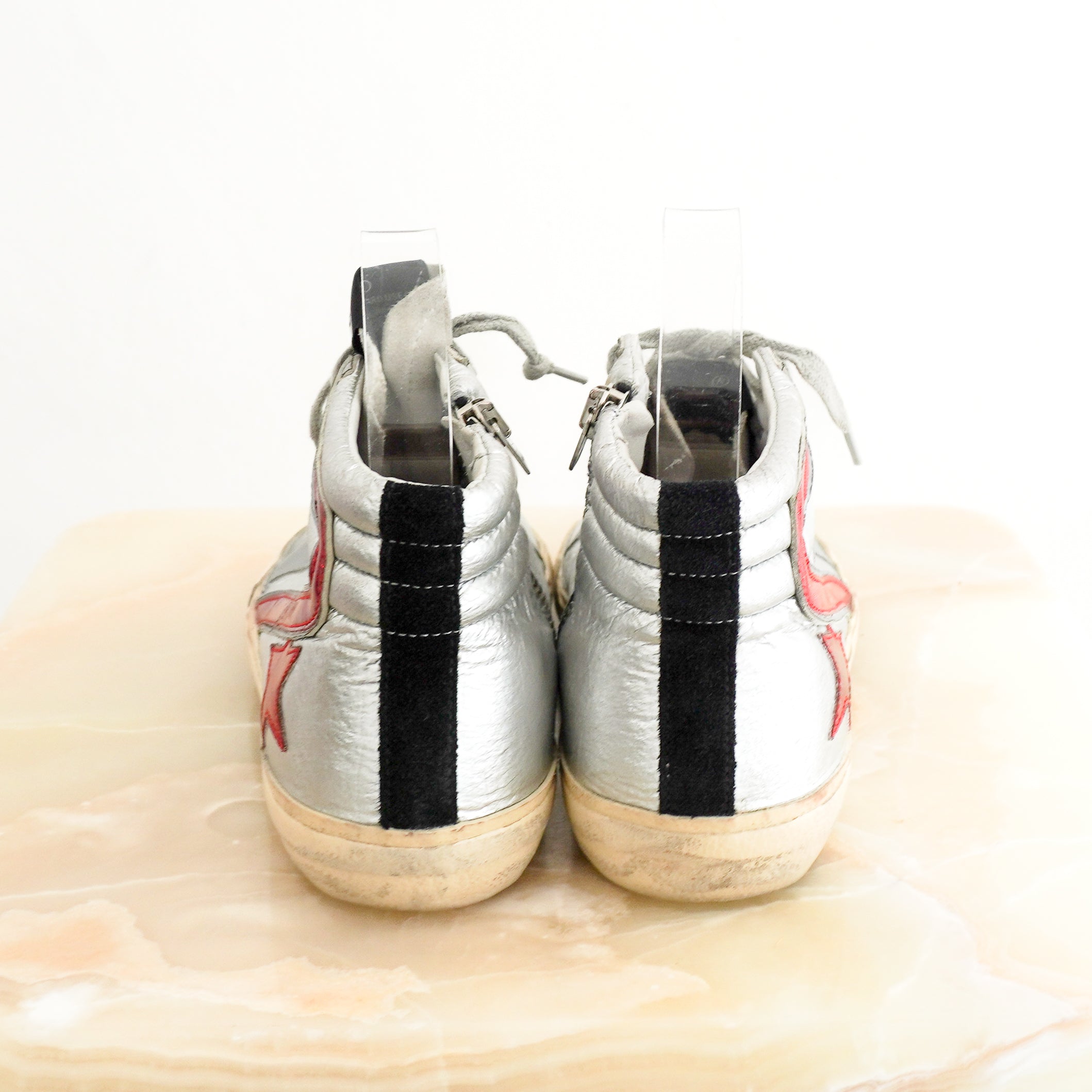 Golden Goose Silver & Red High Top Trainers – Size EU 37 back photo chelsea london