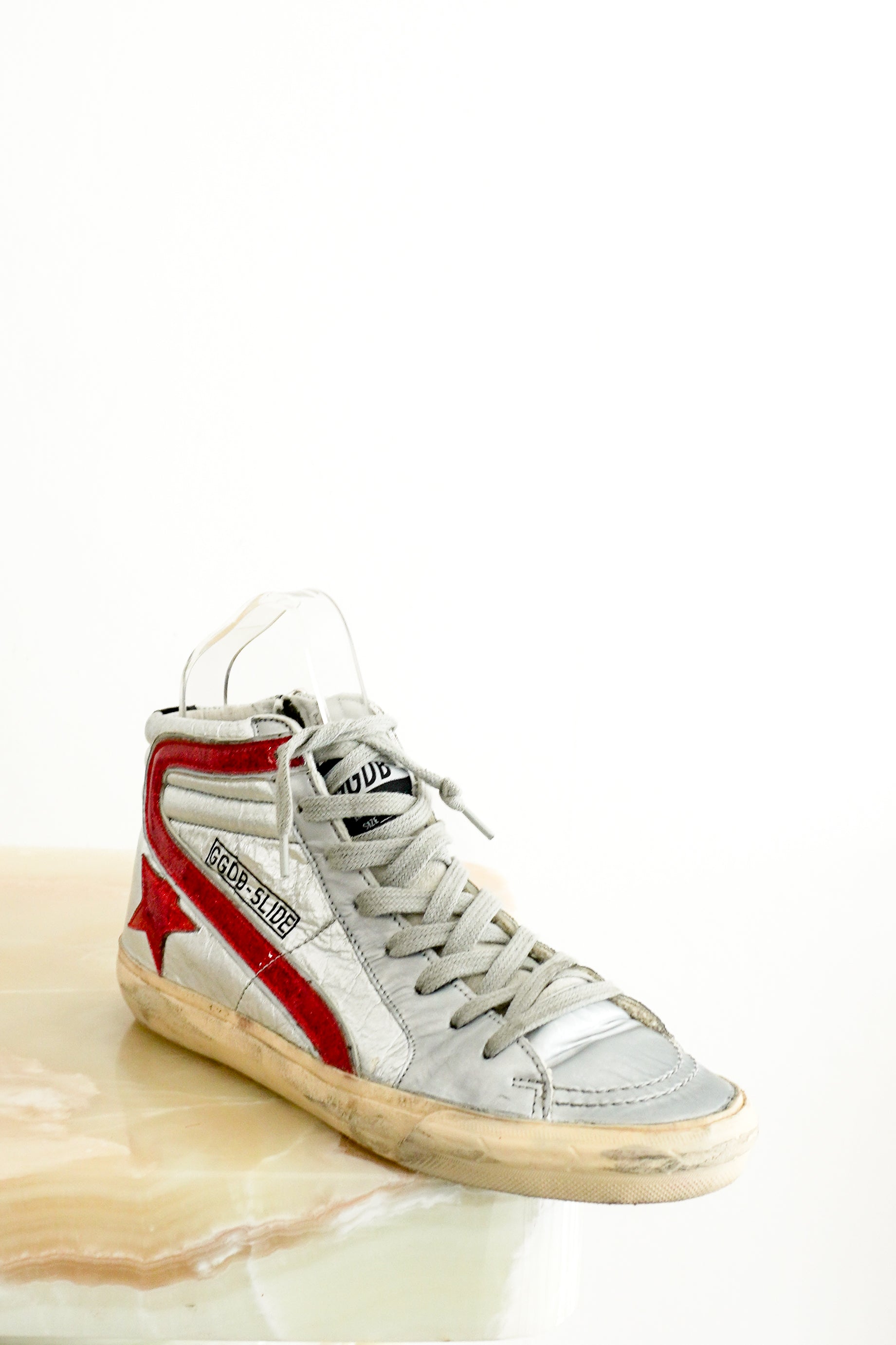 Golden Goose Silver & Red High Top Trainers – Size EU 37 front photo chelsea london