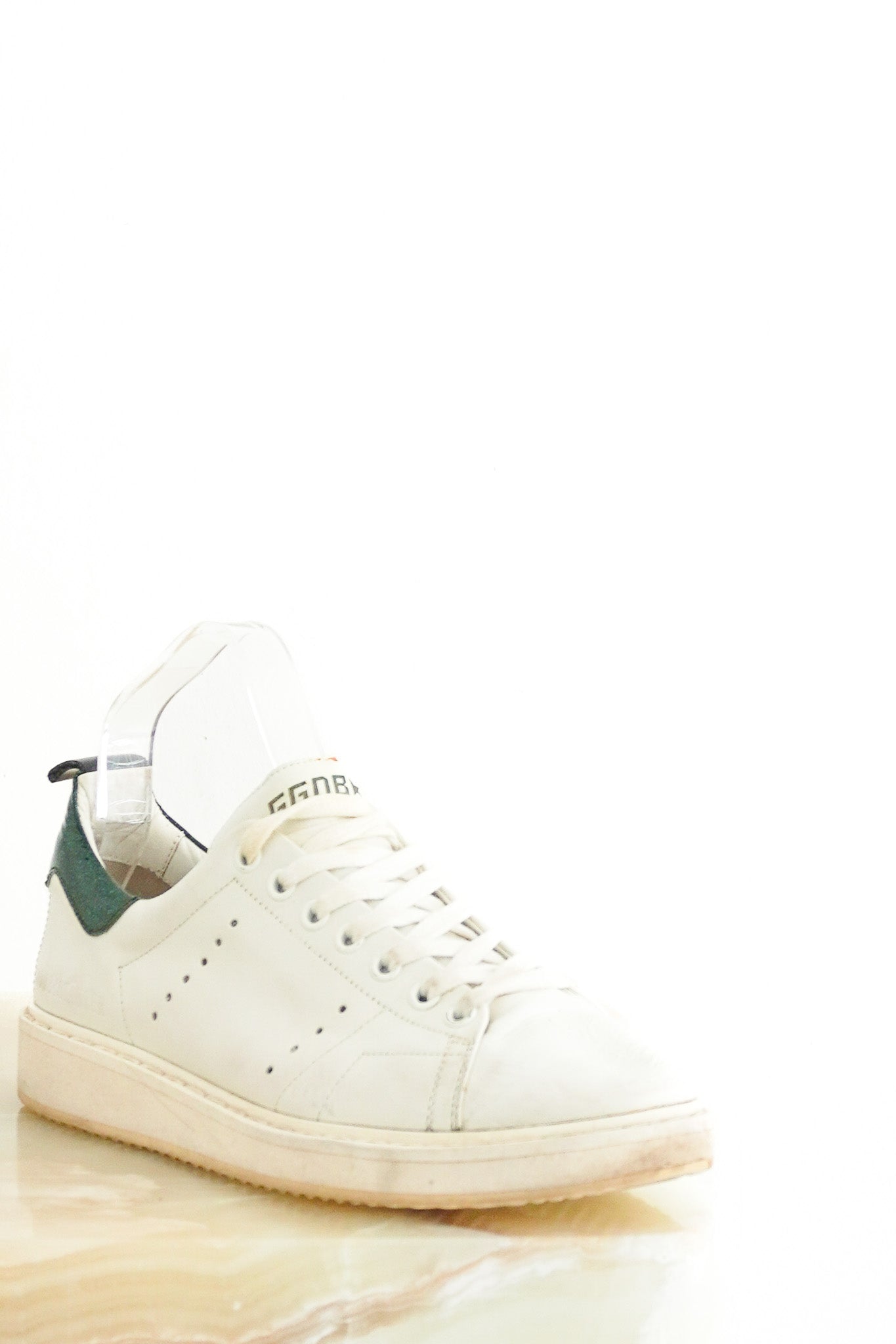 Golden Goose Starter White Leather Trainers Green Glitter Heel RRP £470 | Authentic Preloved - Reloved Again