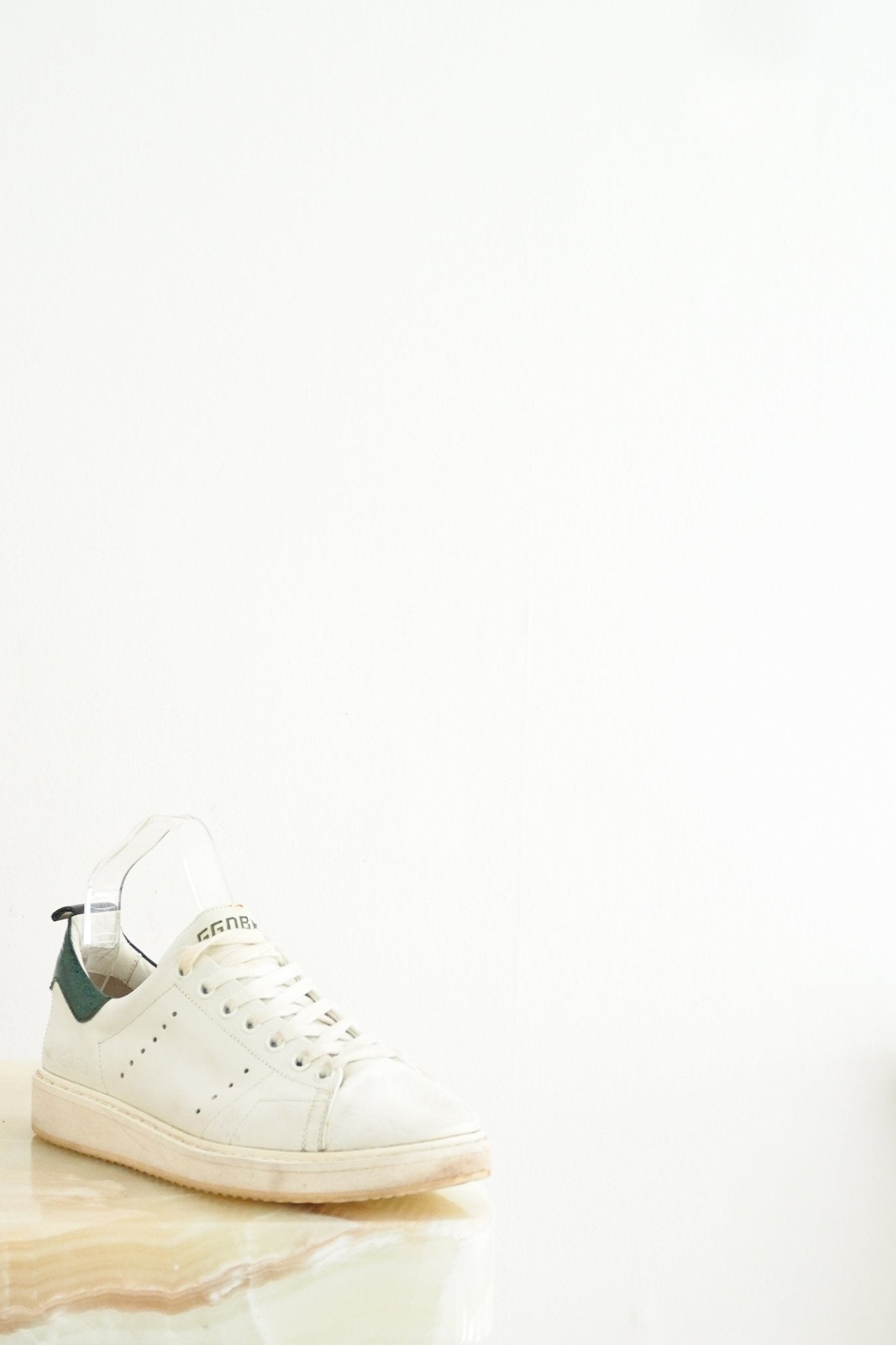 Golden Goose Starter White Leather Trainers Green Glitter Heel RRP £470 | Authentic Preloved - Reloved Again