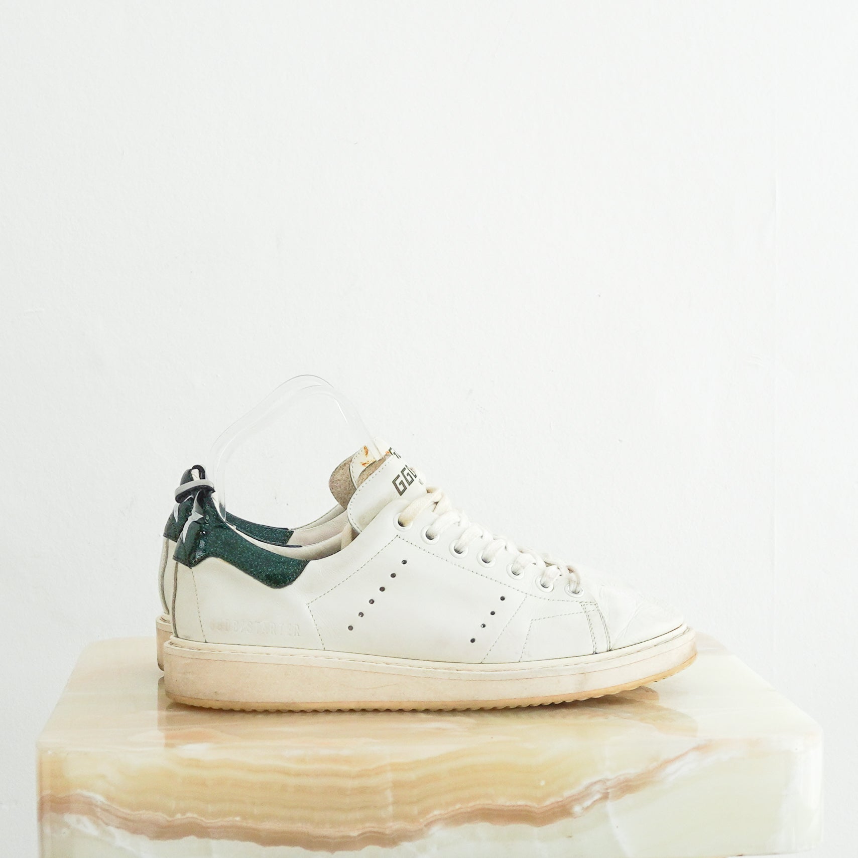 Golden Goose Starter White Leather Trainers Green Glitter Heel side photo chelsea london