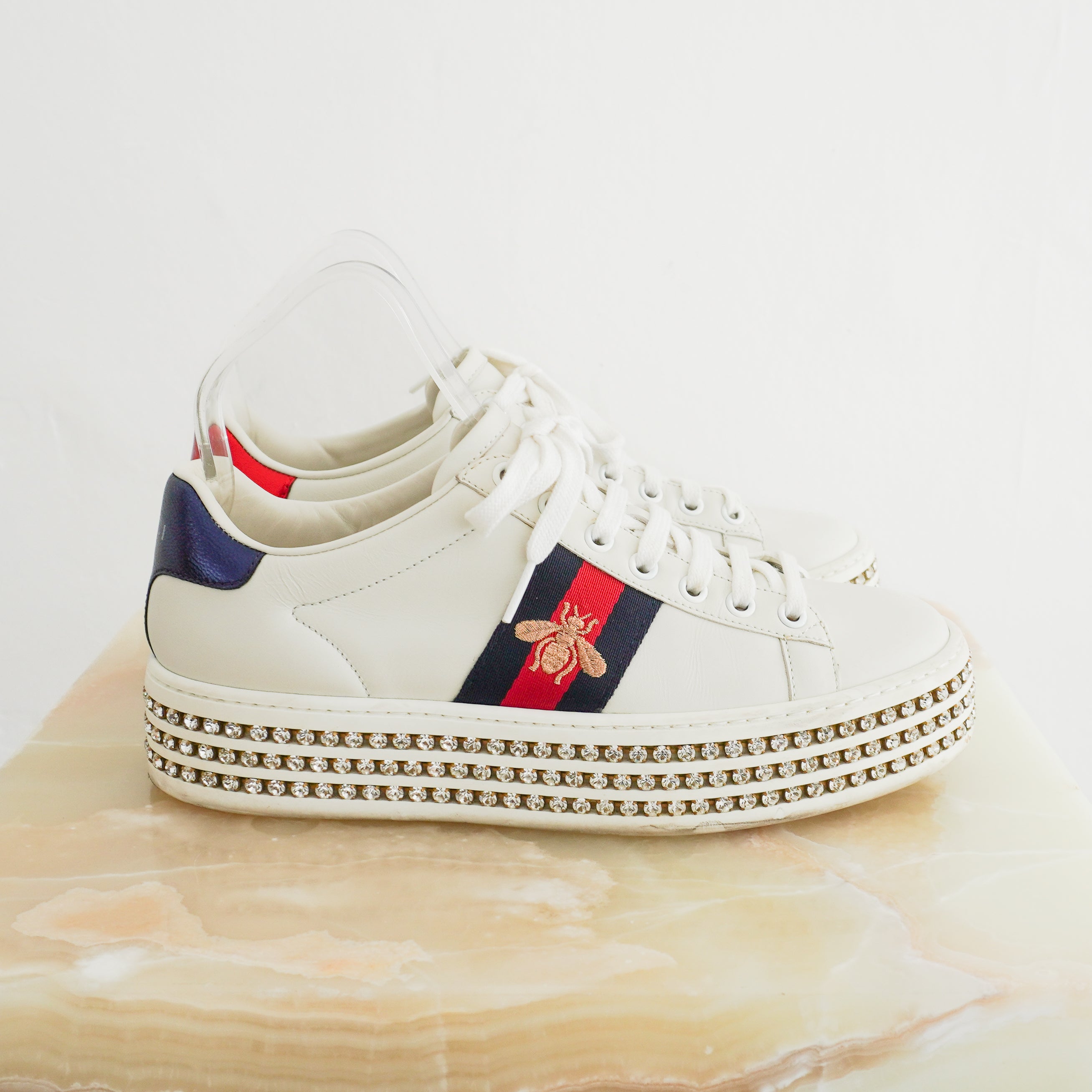 Gucci Ace Crystal Bee Platform Sneakers White Leather & Crystal Embellished Sole 505995 side photo chelsea london