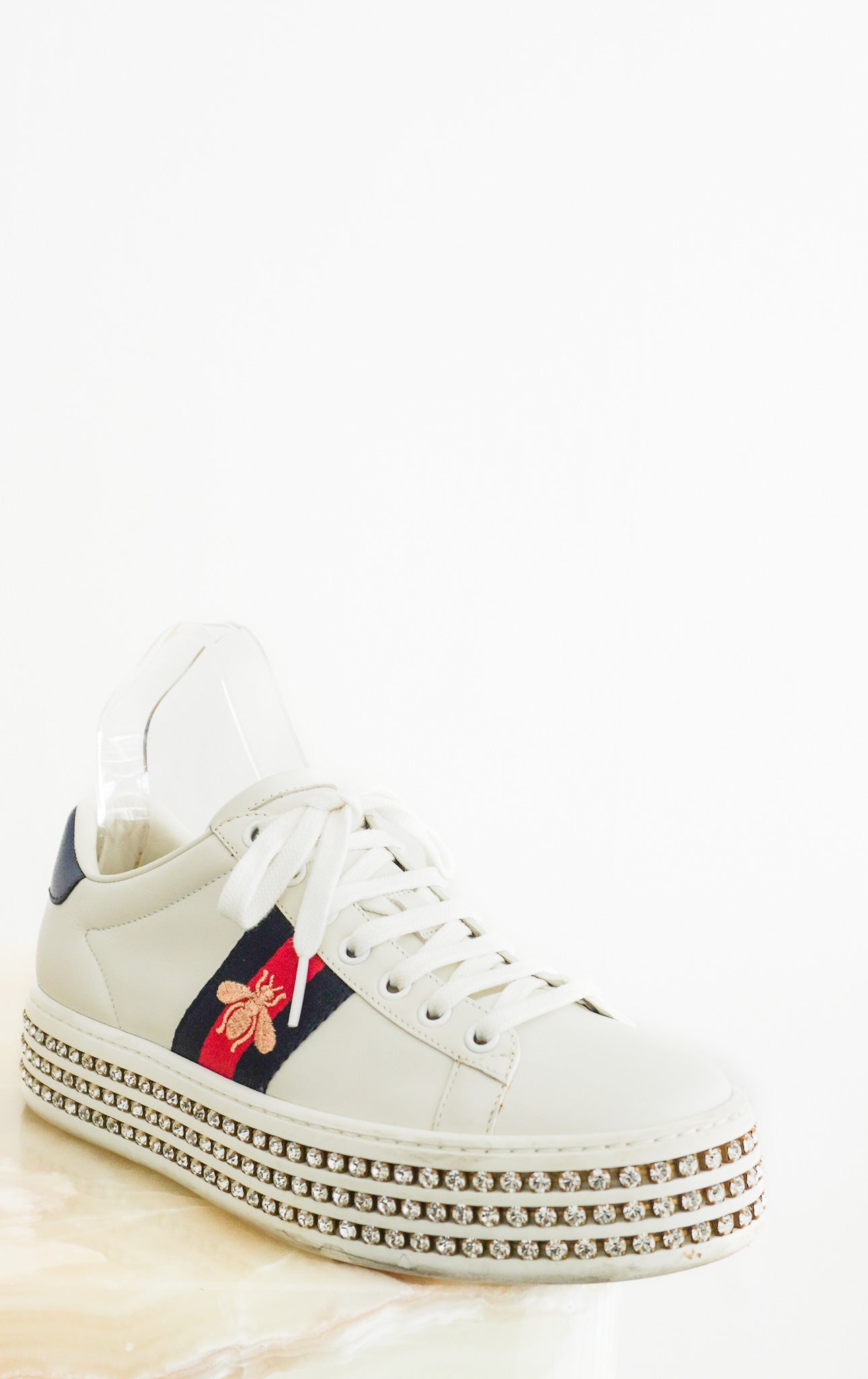Gucci Ace Crystal Bee Platform Trainers in White Leather (RRP £700) | Authentic Preloved - Reloved Again