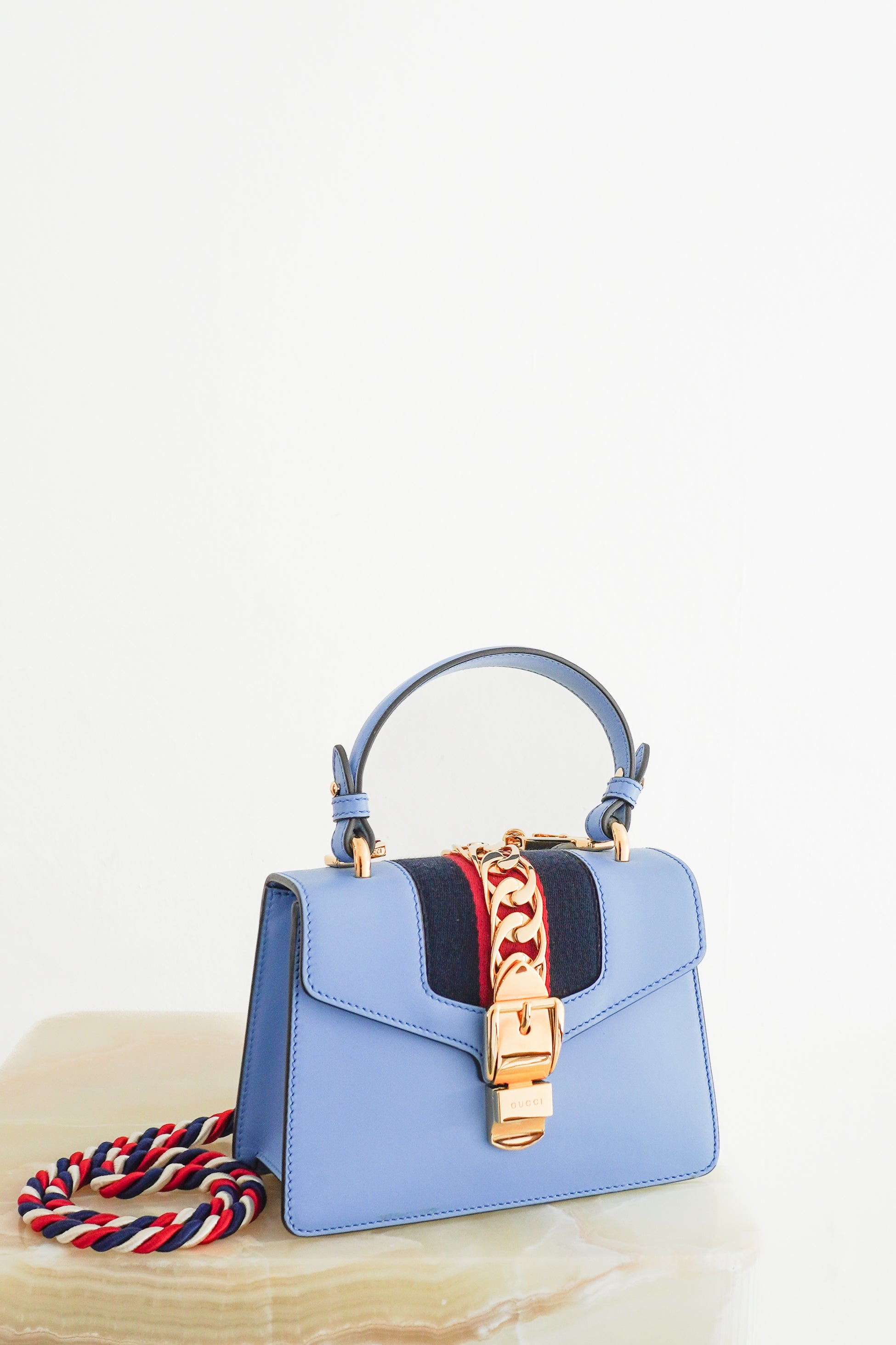 Gucci Blue Sylvie Small Top Handle Bag front photo chelsea london