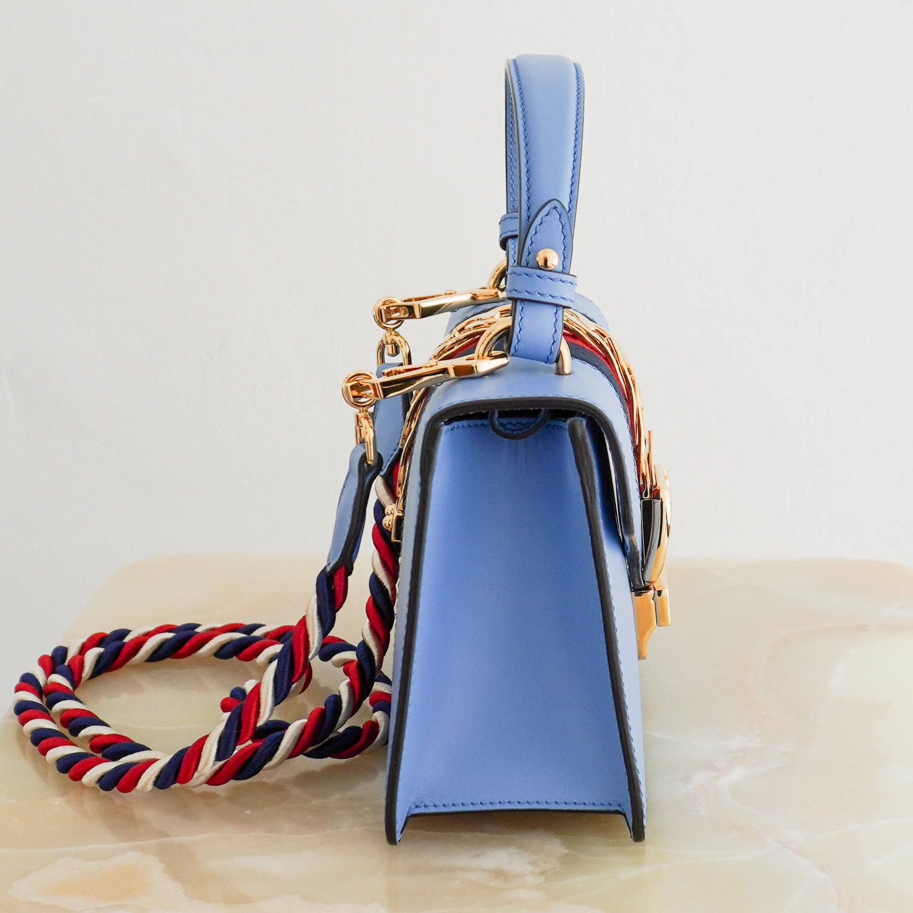 Gucci Blue Sylvie Small Top Handle Bag side photo chelsea london
