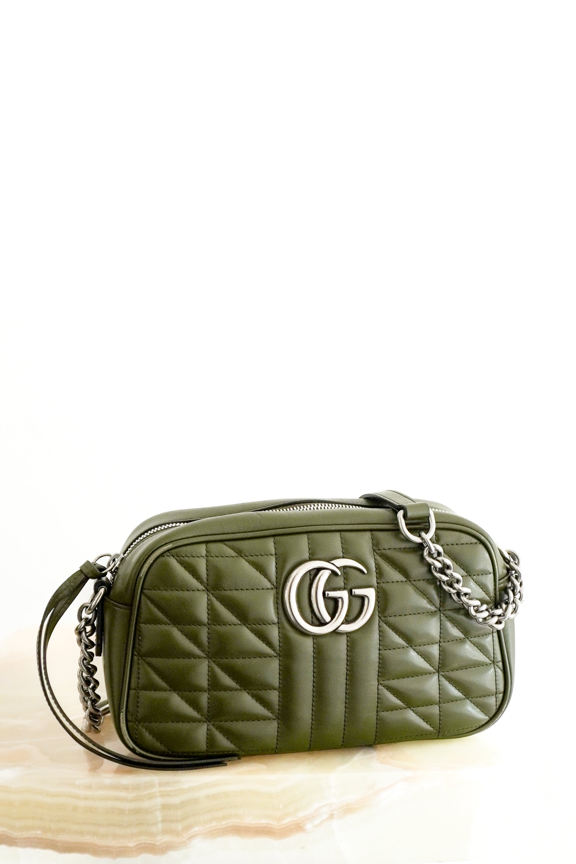 Gucci GG Marmont Small Matelassé Crossbody Bag in Olive Green front photo chelsea london