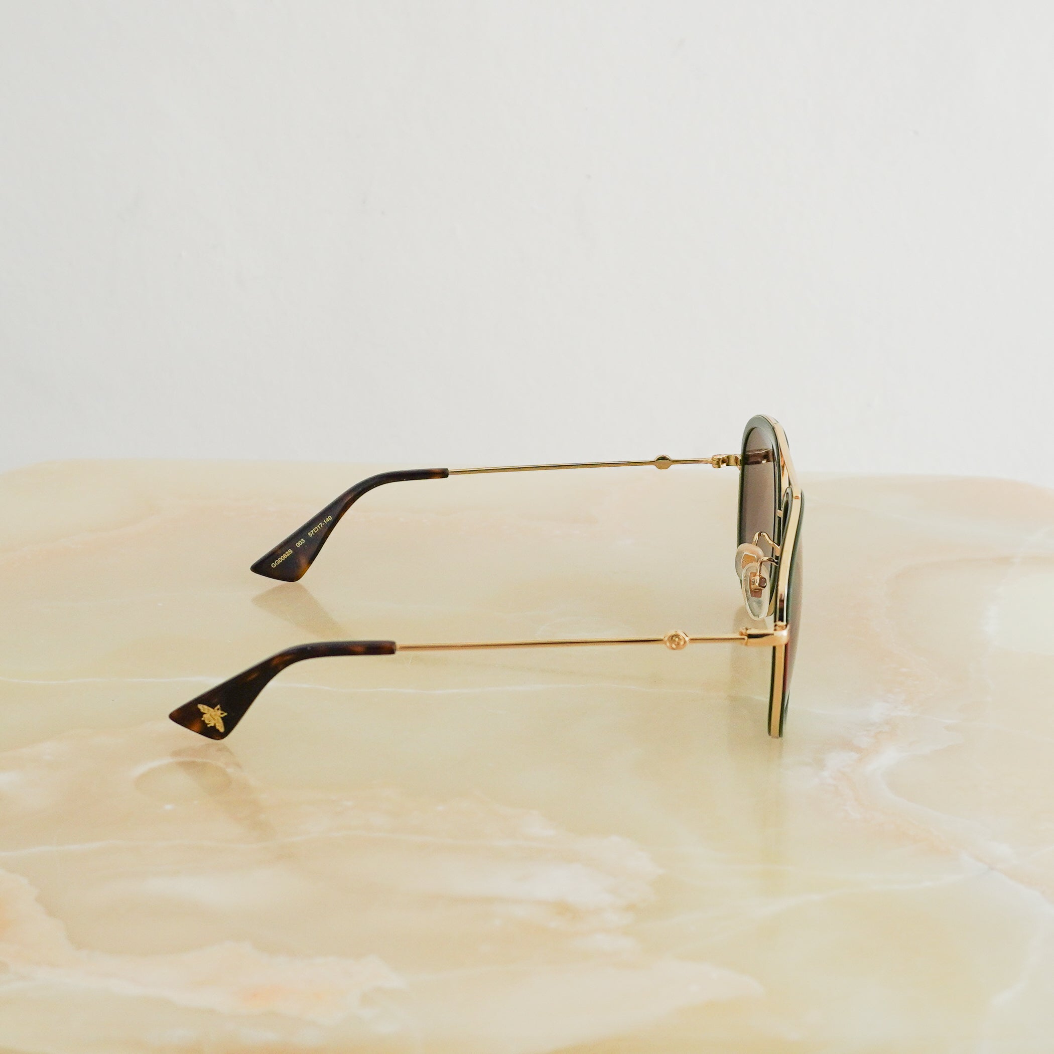Gucci Green & Gold Aviator Sunglasses side photo chelsea london