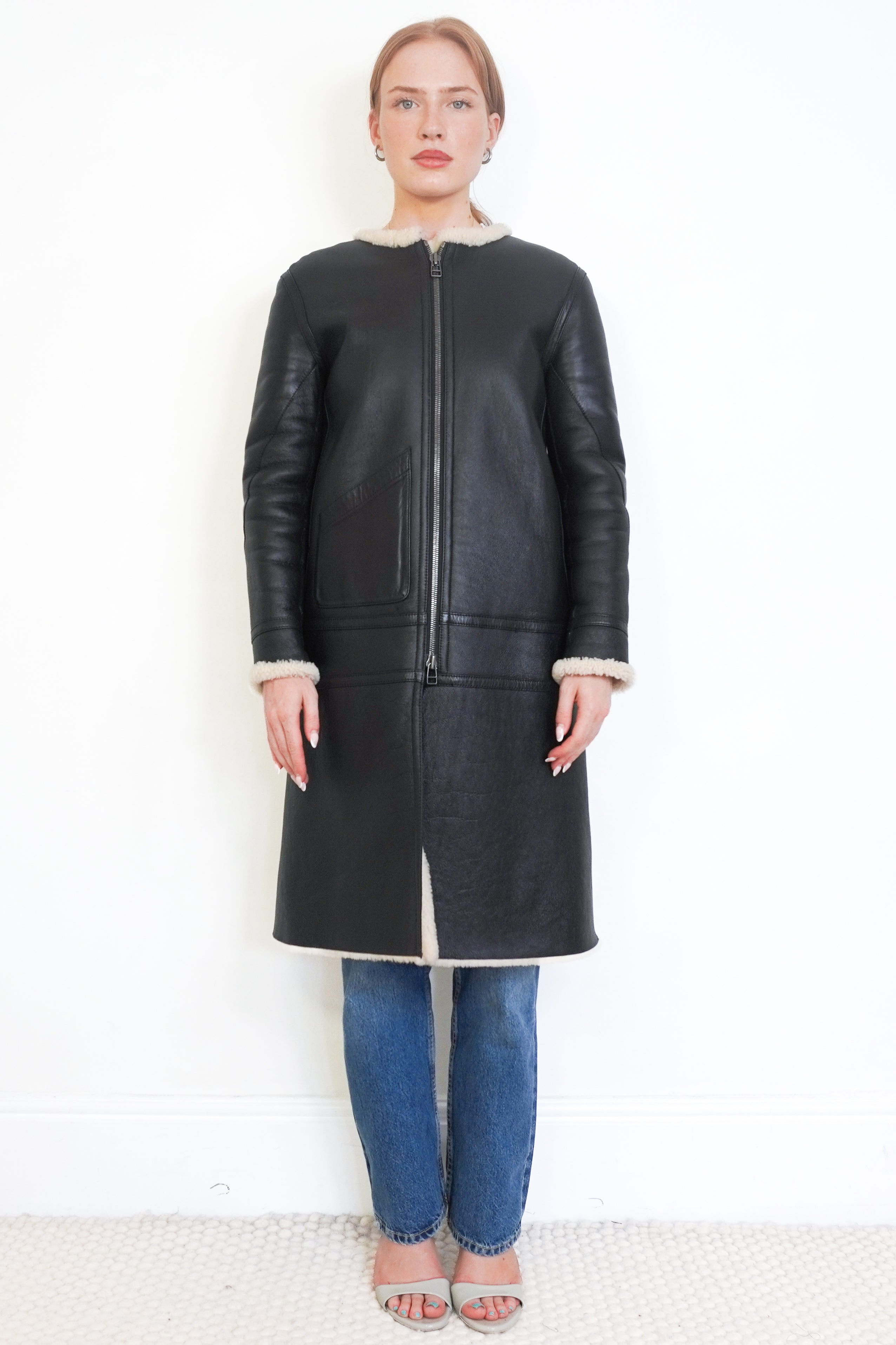 Helmut Lang Black Lamb Leather Shearling Long Coat front photo chelsea london