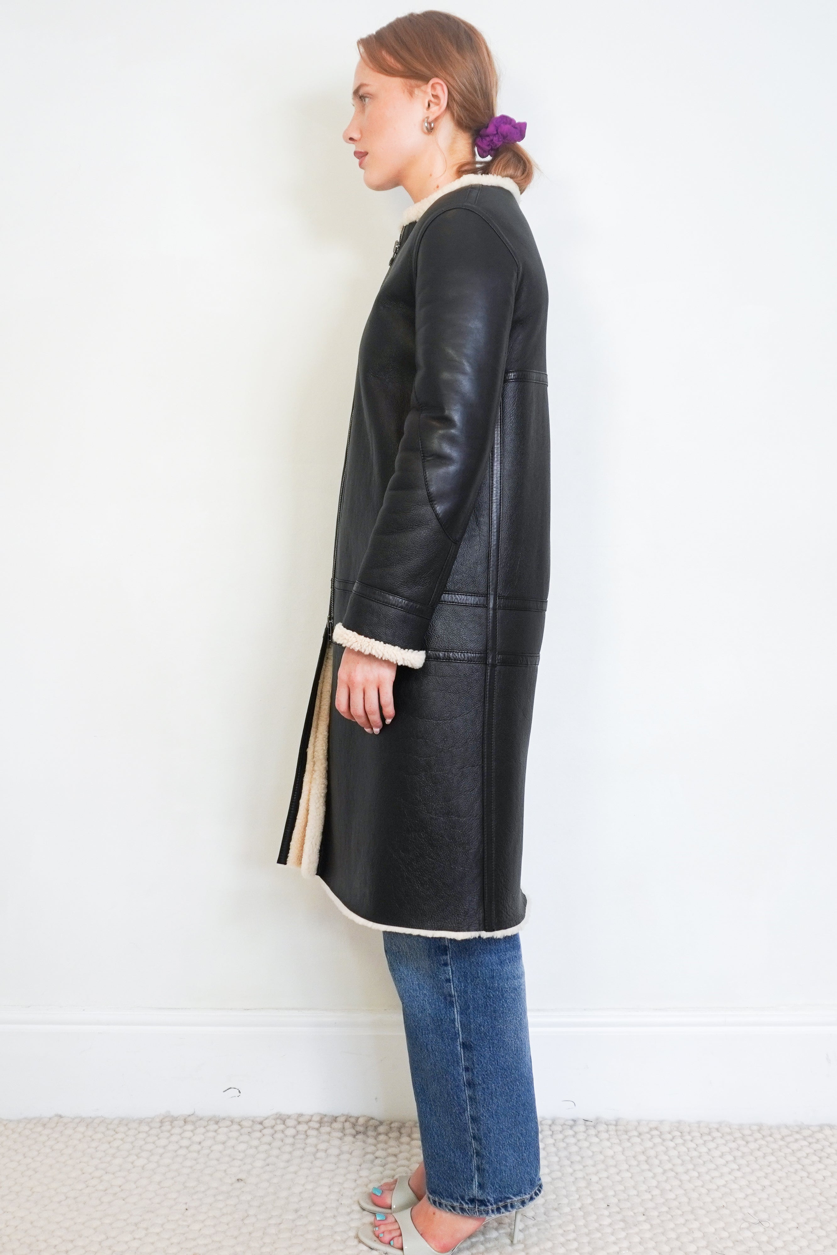 Helmut Lang Black Lamb Leather Shearling Long Coat side photo chelsea london