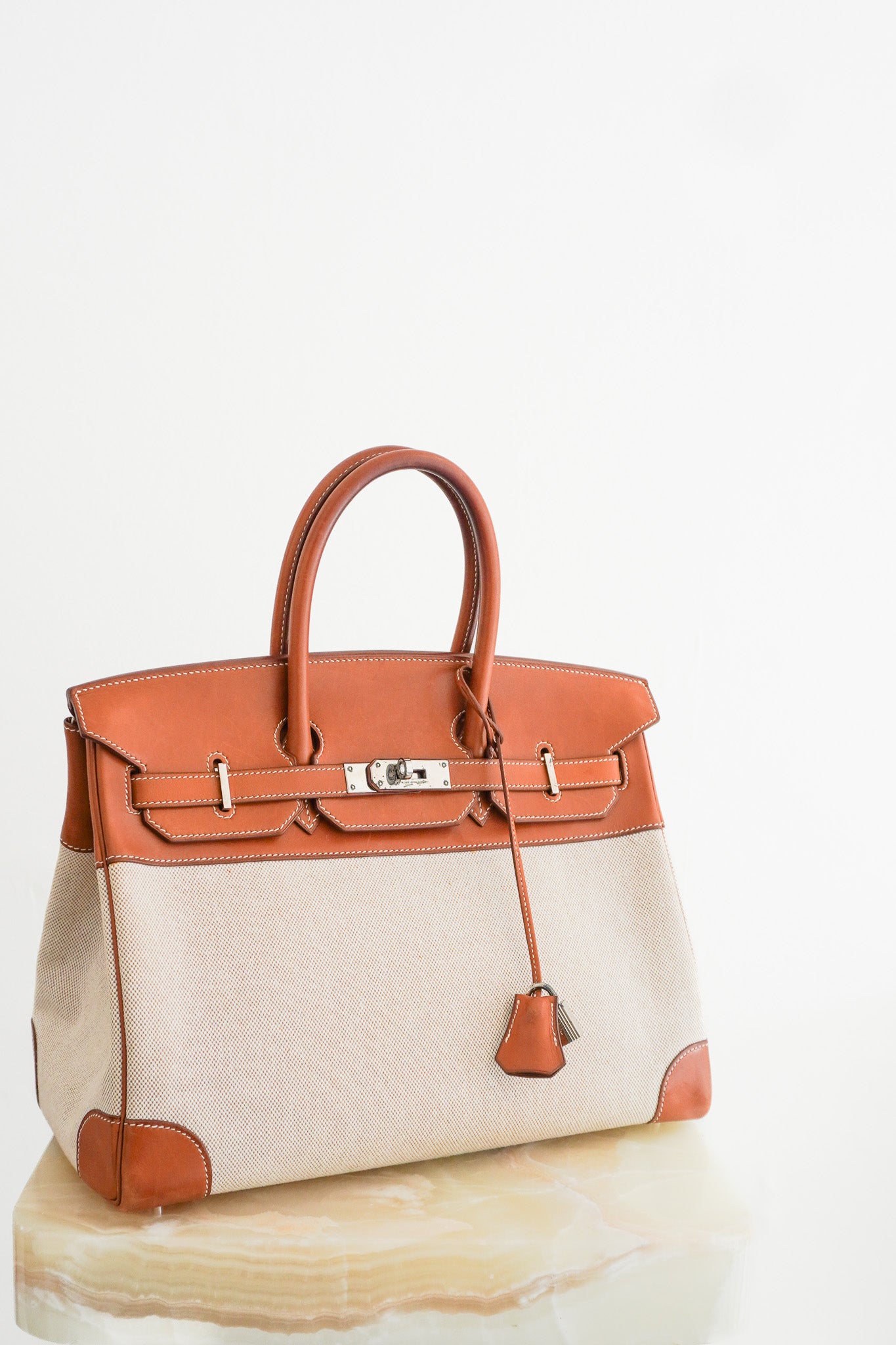 Hermès Birkin 35 Fauve Barenia Toile H Canvas Palladium Hardware Bag front picture