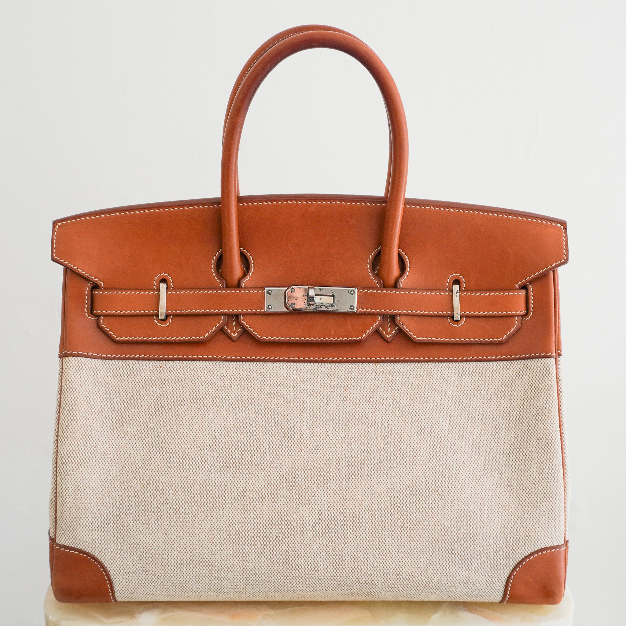 Hermès Birkin 35 Fauve Barenia Toile H Canvas Palladium Hardware Bag side picture