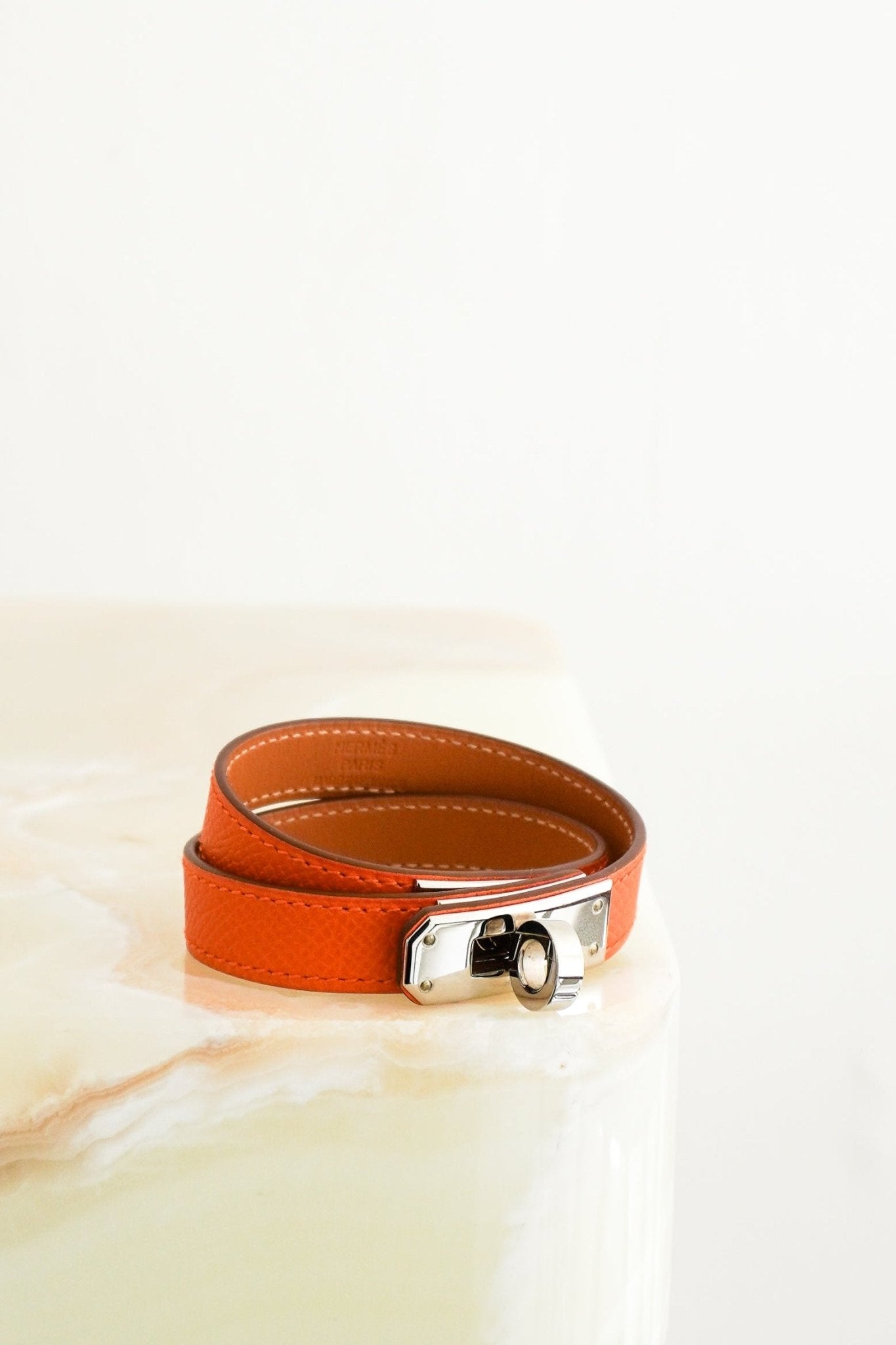 Hermès Kelly Double Tour Bracelet in Feu Epsom Leather and Palladium Hardware (RRP £445) | Authentic Preloved - Reloved Again