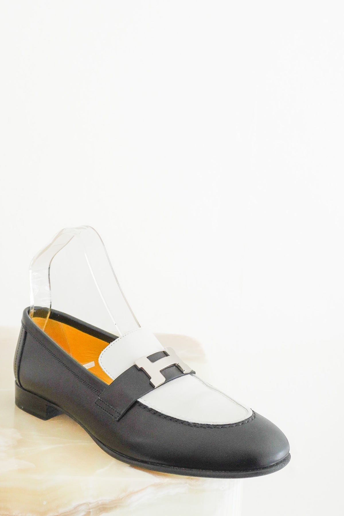 Hermes Black Leather Penny Loafers with White Trim Vintage Hermes Classic Black Leather Loafers 8 main image 3