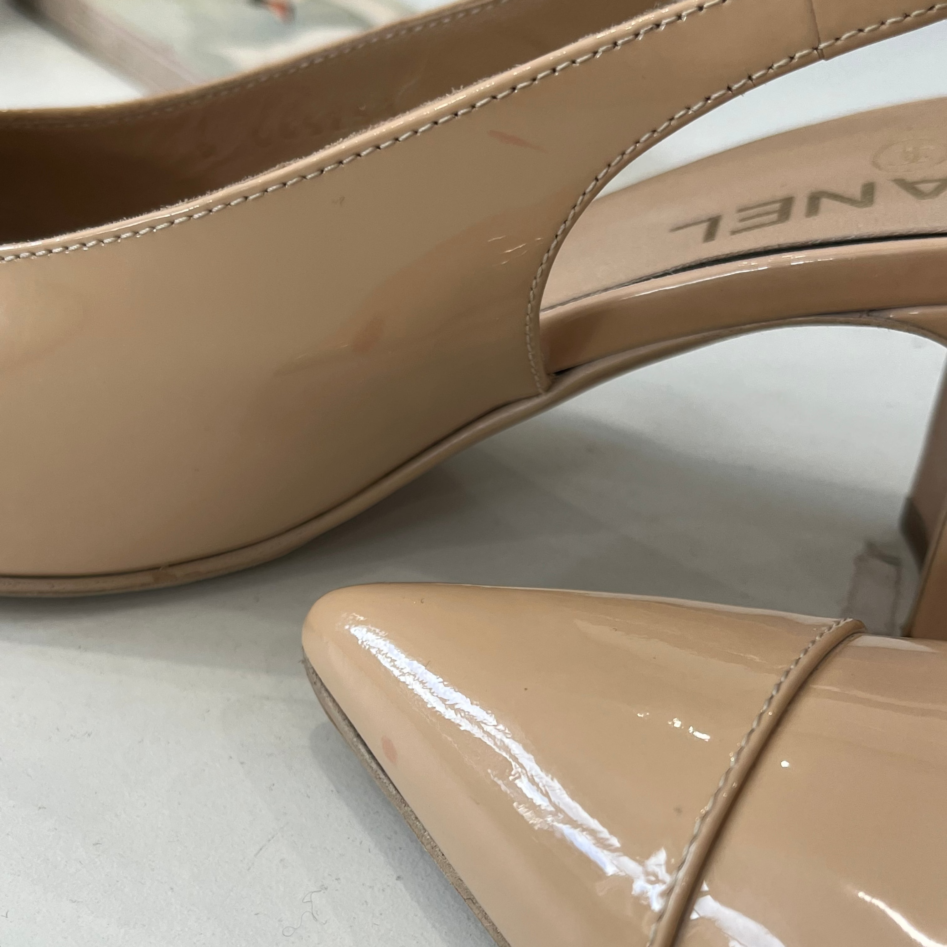 Chanel Beige Patent Slingbacks (RRP £1000) | Authentic Preloved