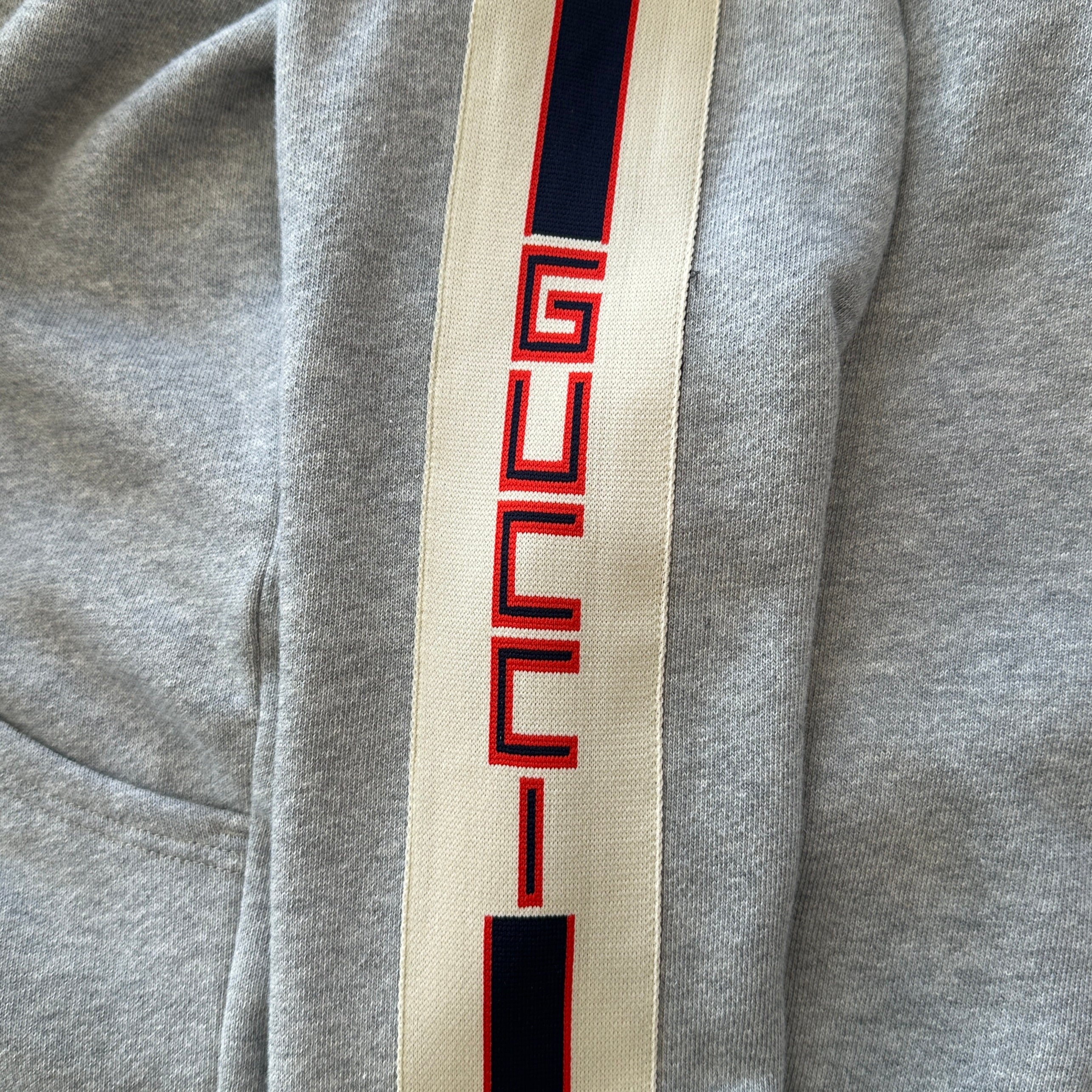NEW Gucci Grey Hooded Zip-Up Sweatshirt with Retro Logo Stripe (RRP £600) | Authentic Preloved