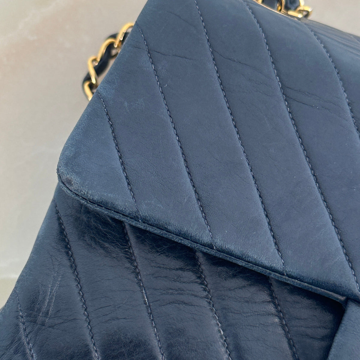Chanel Vintage Medium Classic Chevron Double Flap Bag in Navy | Authentic Preloved