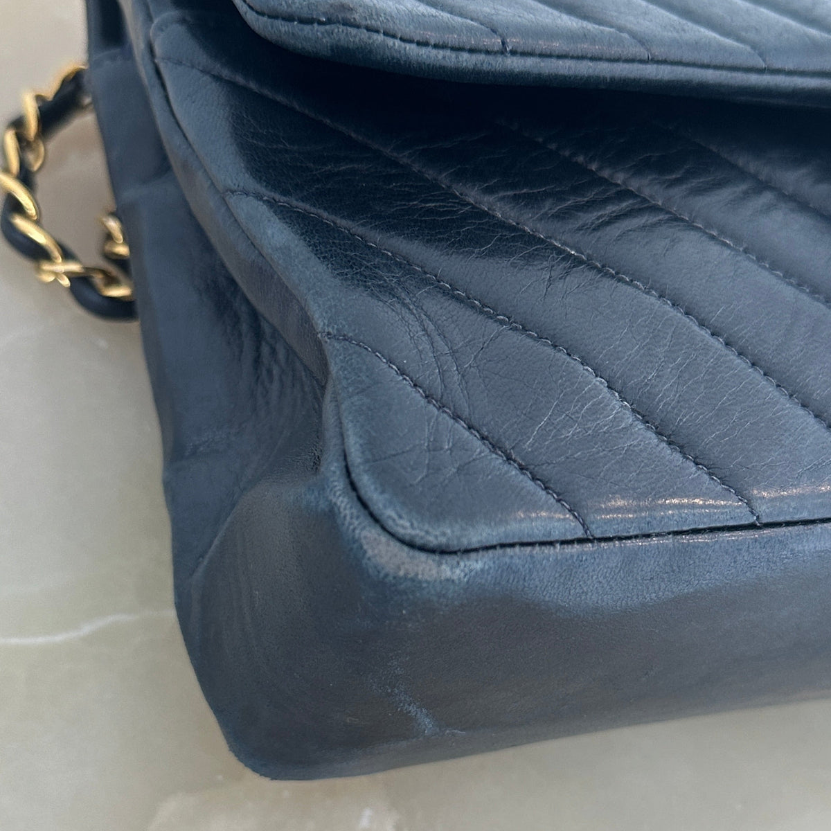 Chanel Vintage Medium Classic Chevron Double Flap Bag in Navy | Authentic Preloved