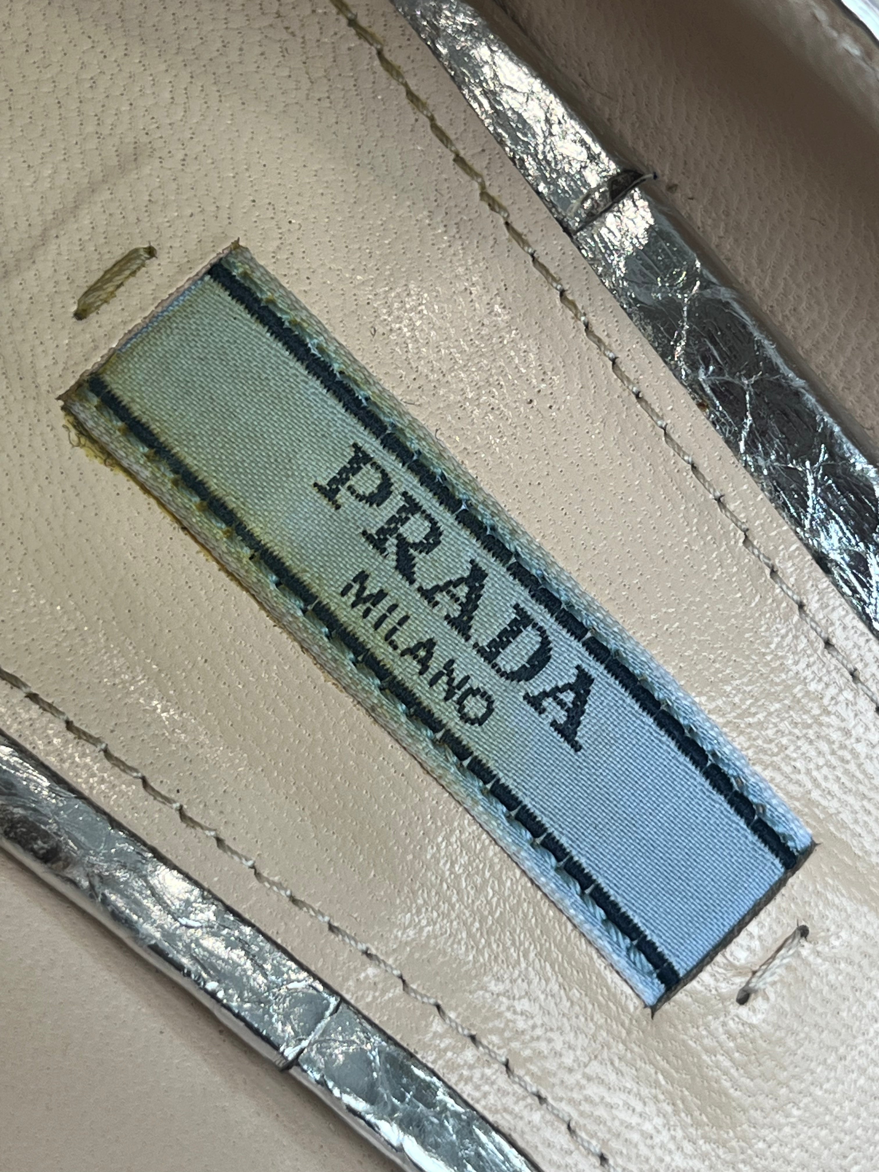 Prada Metallic Silver Snakeskin-Effect Bow Pointed-Toe Pumps (RRP £595) | Authentic Preloved