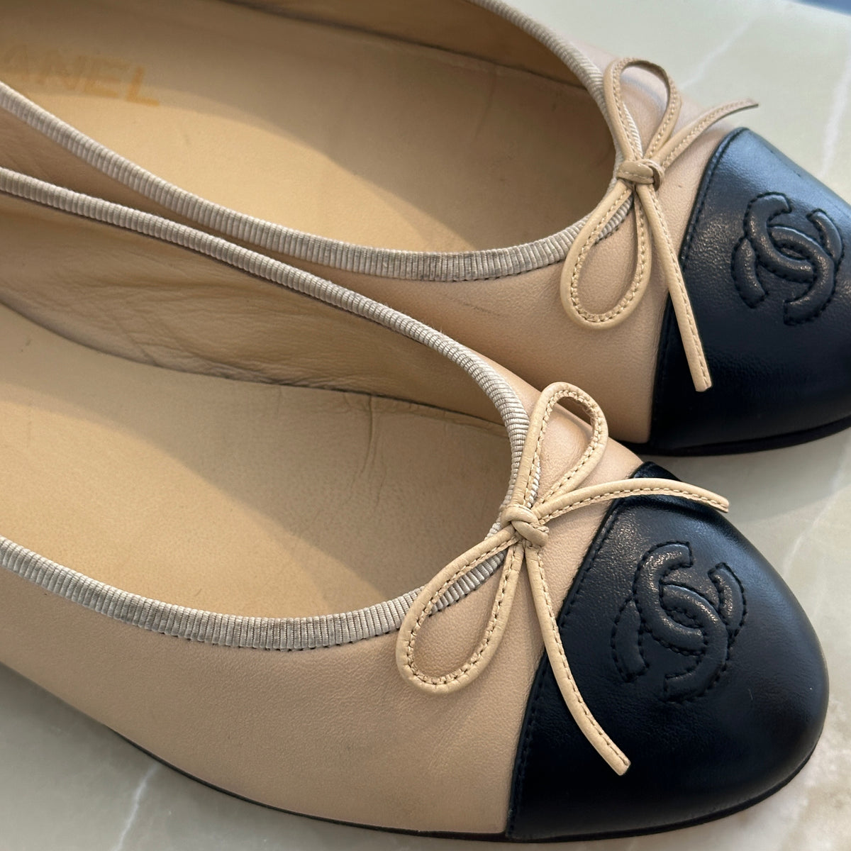Chanel Ballet Flats in Beige and Black (RRP £810) | Authentic Preloved
