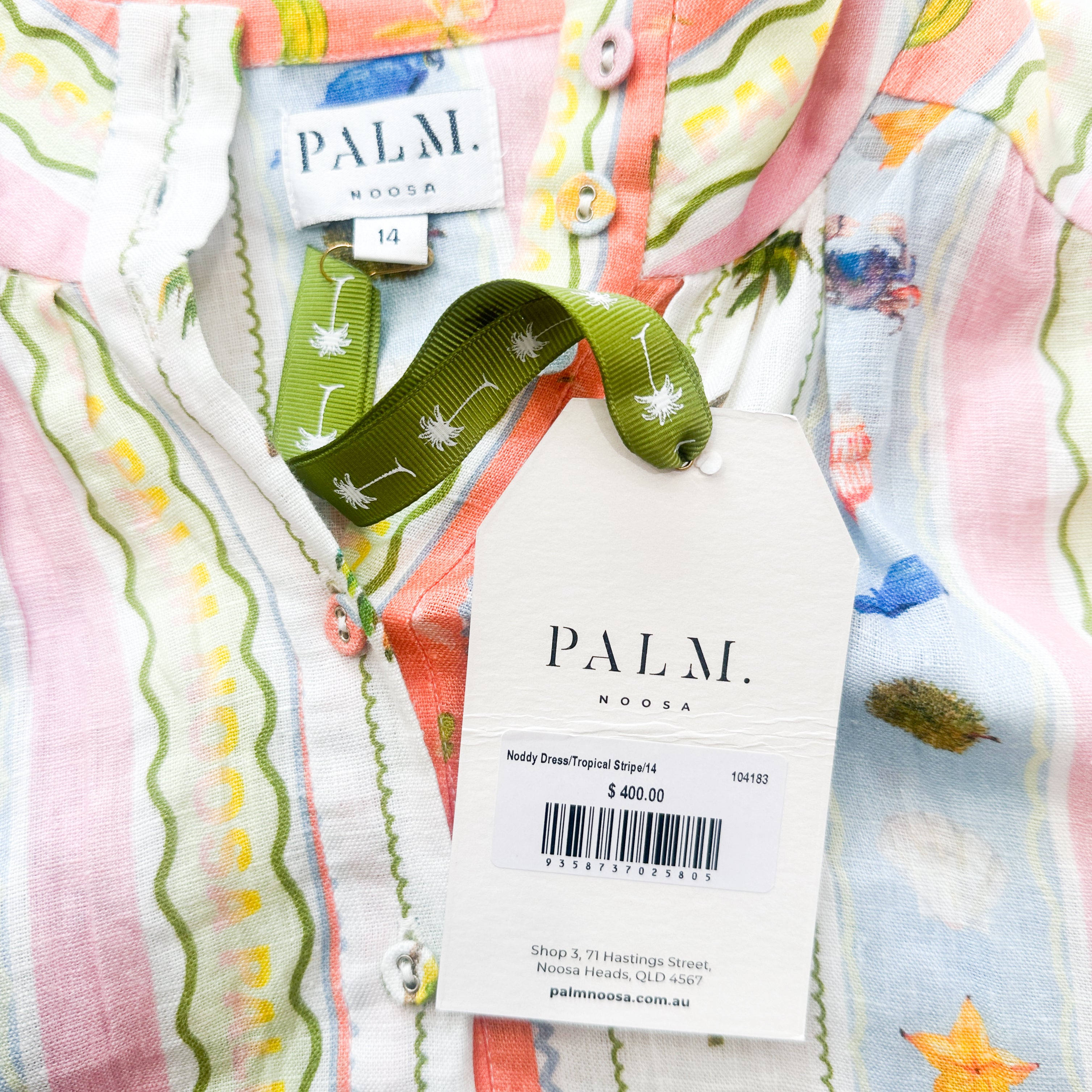 Palm. Noosa Blue, Pink and White Palm Tree Linen Dress (RRP £400) | Authentic Preloved