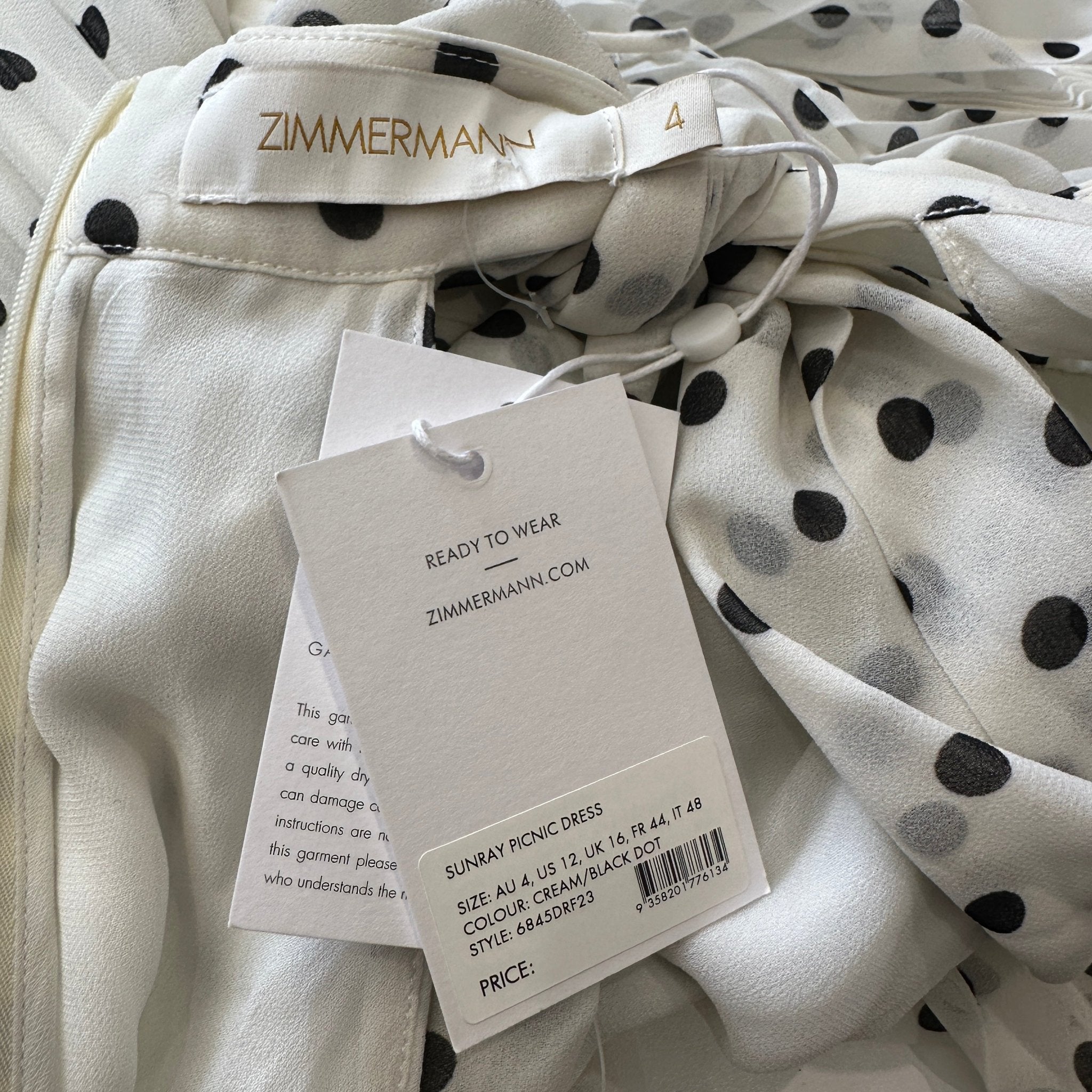 NEW Zimmermann Sunray Picnic Dress in Cream/Black Dot (RRP £700) | Authentic Preloved - Reloved Again