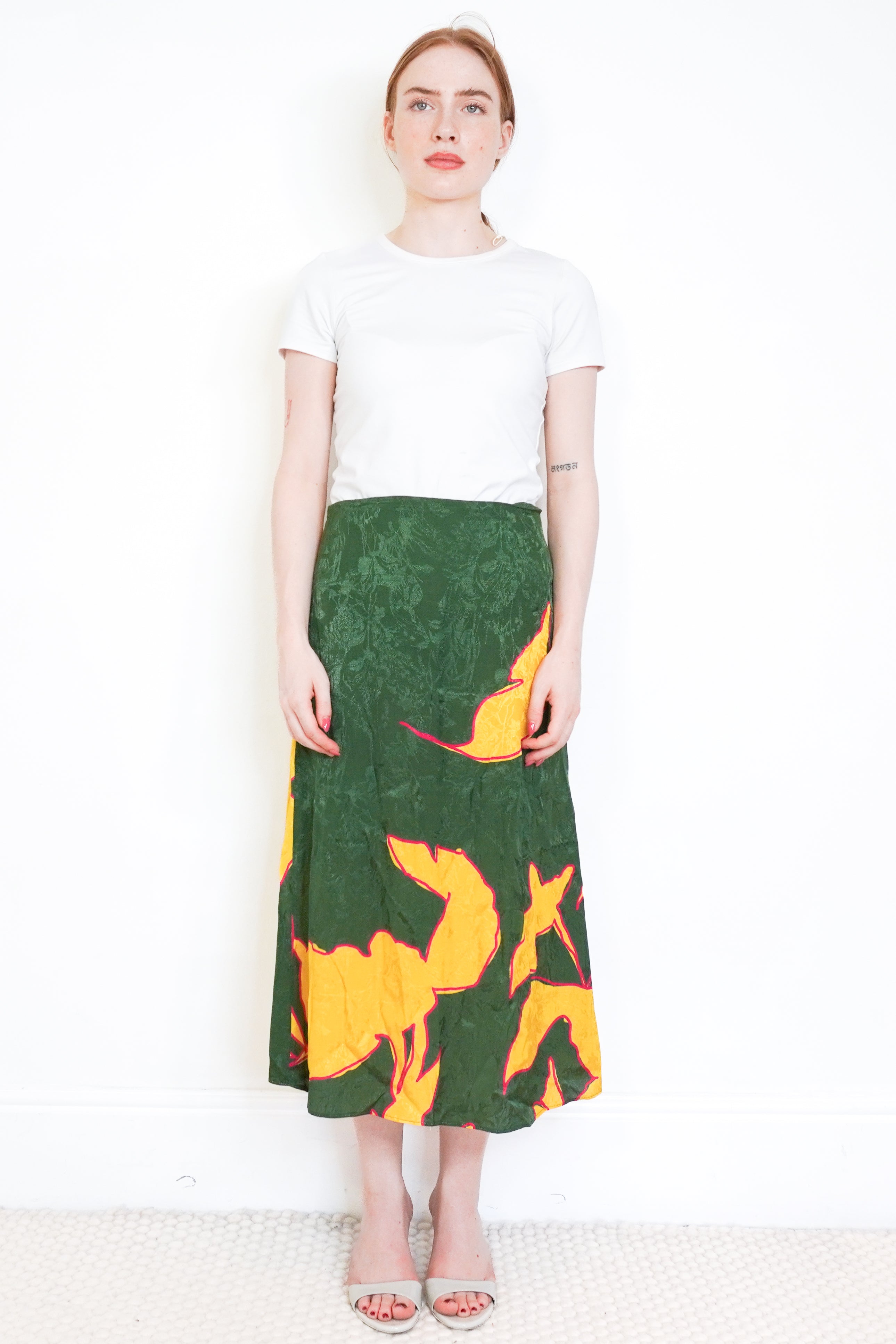 Johanna Ortiz Green Sierra Leona Printed Satin Midi Skirt front photo chelsea london
