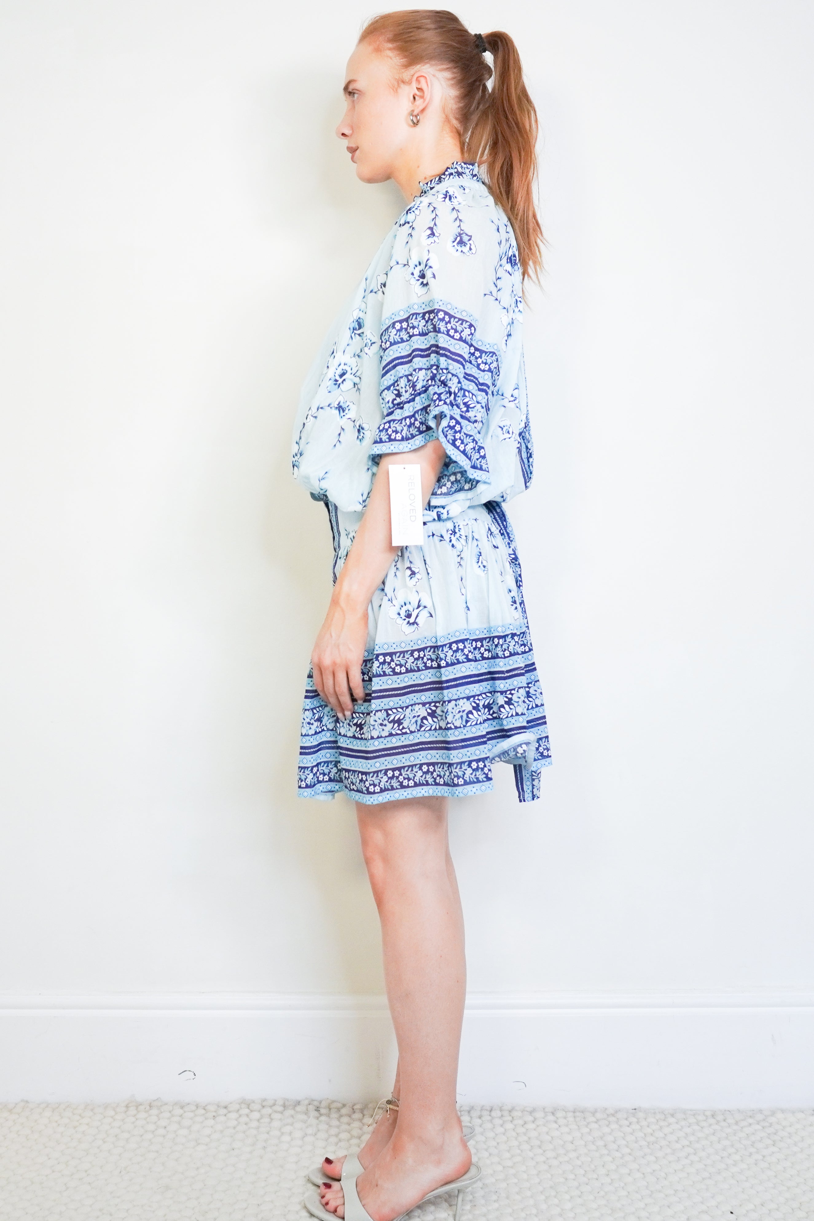 Juliet Dunn Blue Floral Blouson Cotton Mini Dress side photo chelsea london