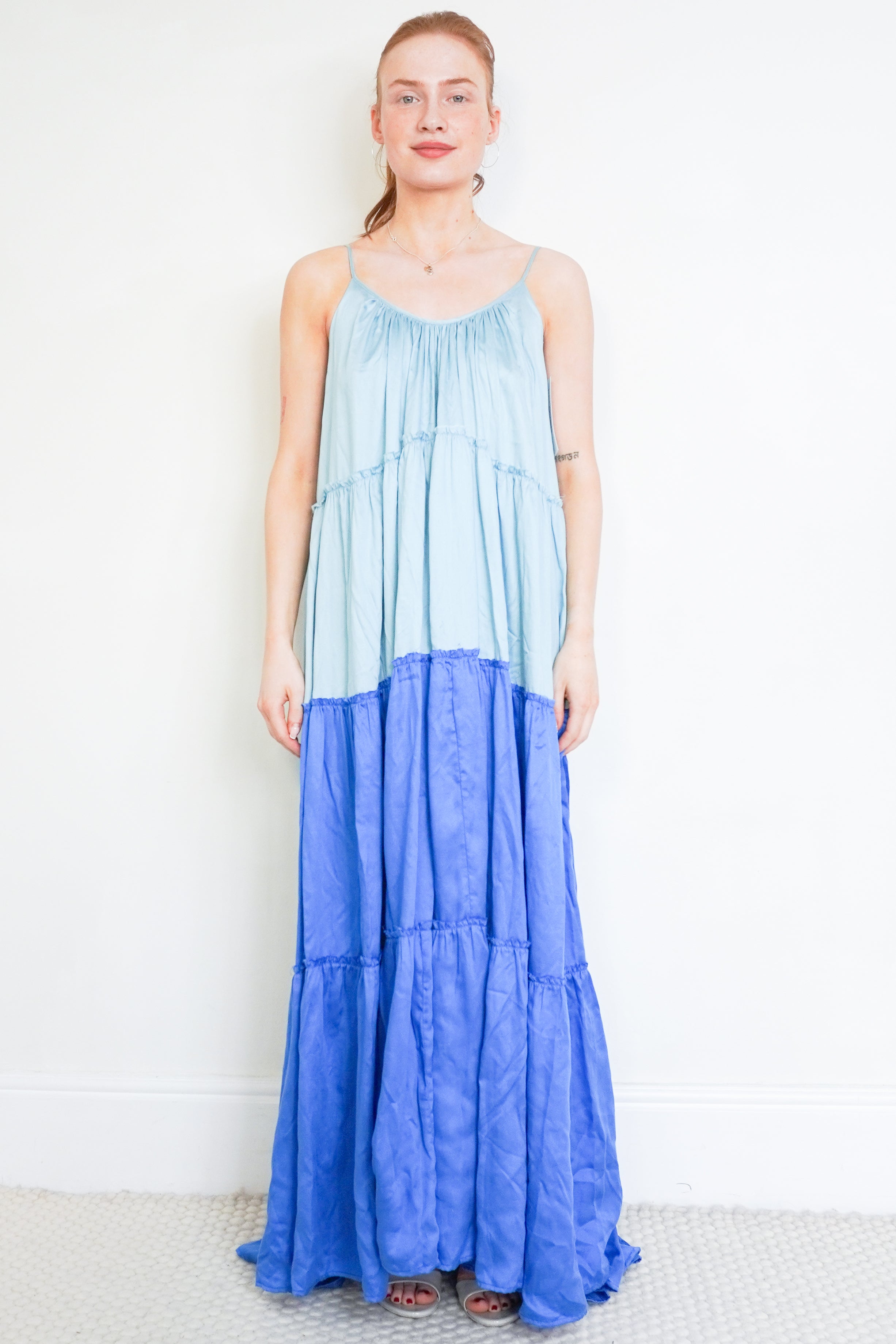 Kalita Two Tone Blue Sleeveless Tiered Dress front photo chelsea london