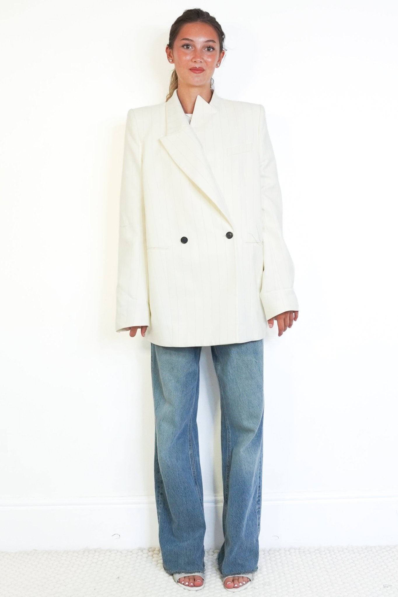 Khaite Malek Striped Cotton Tuxedo Jacket in Cream Black Stripe (RRP £2200) | Authentic Preloved - Reloved Again