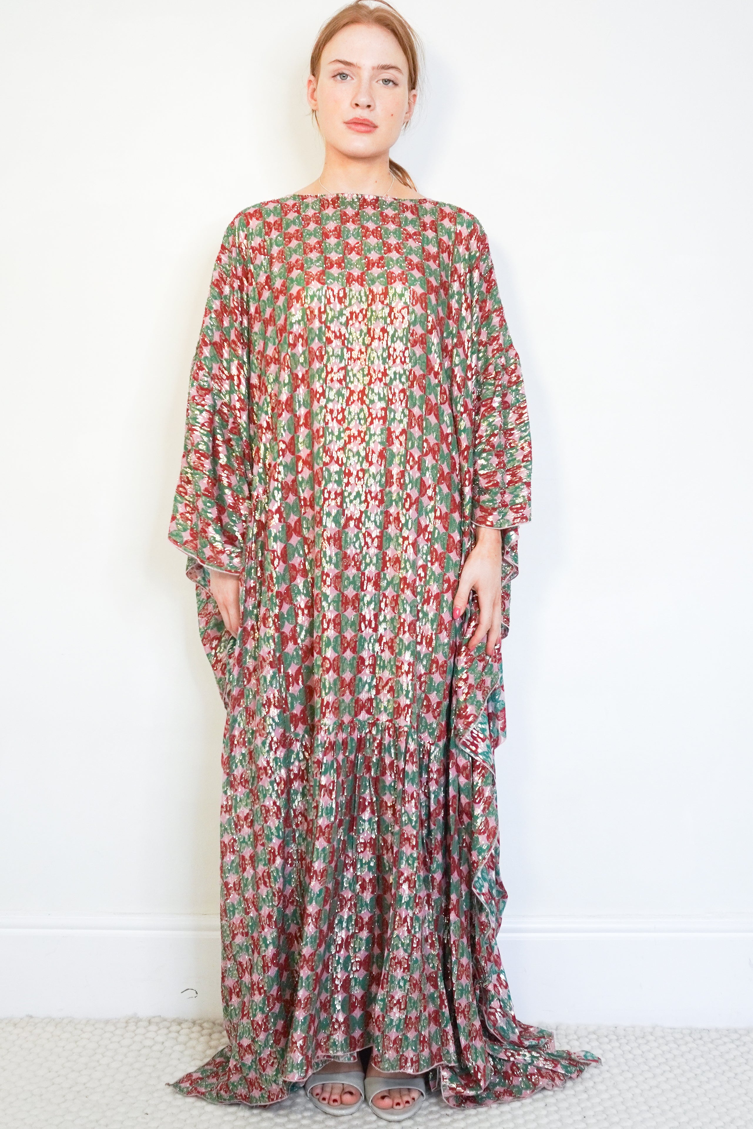 La DoubleJ Pink & Green Polka Dot Silk Lurex Kaftan Dress front photo chelsea london