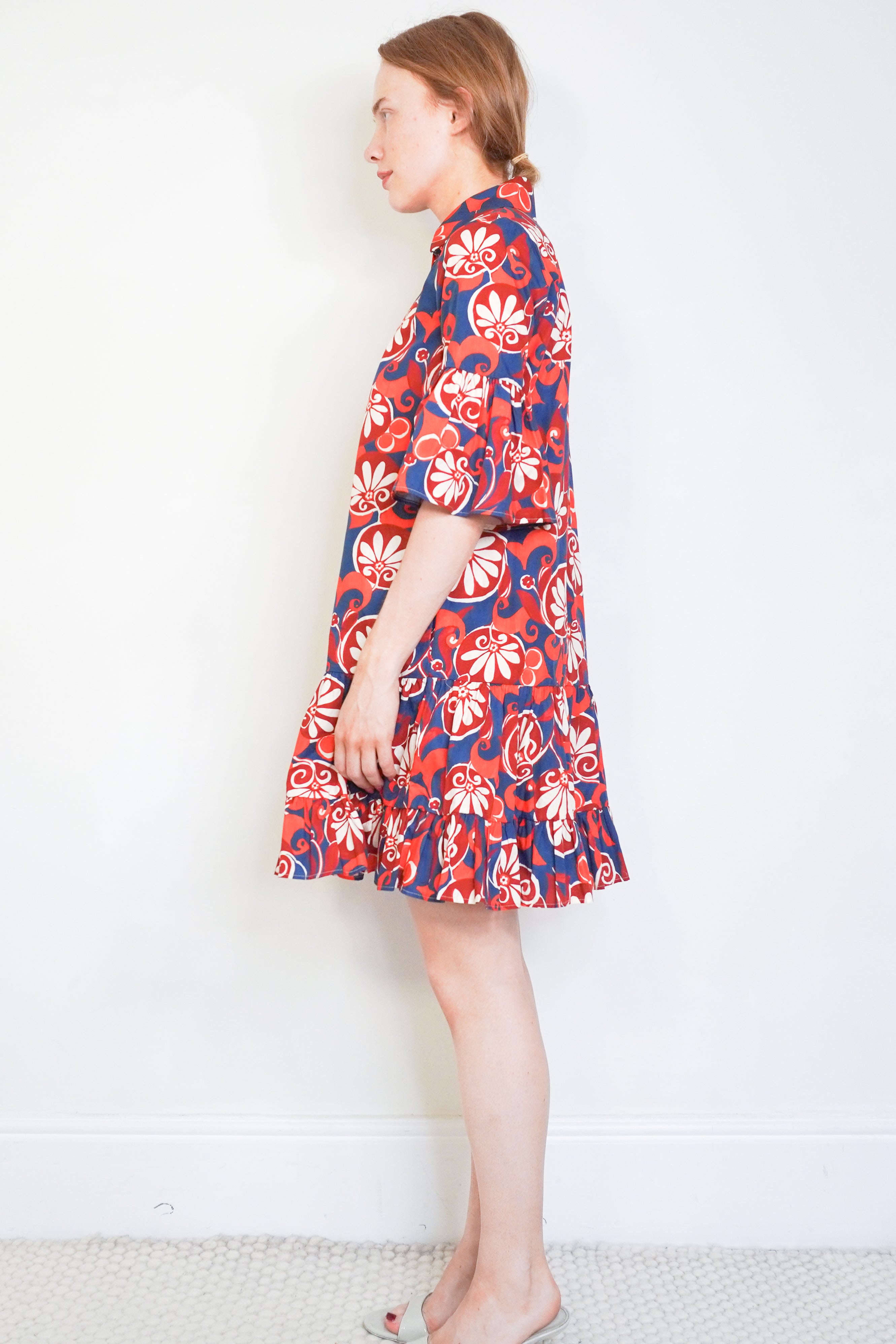 La DoubleJ Red, Blue and White Floral Dress side photo chelsea london