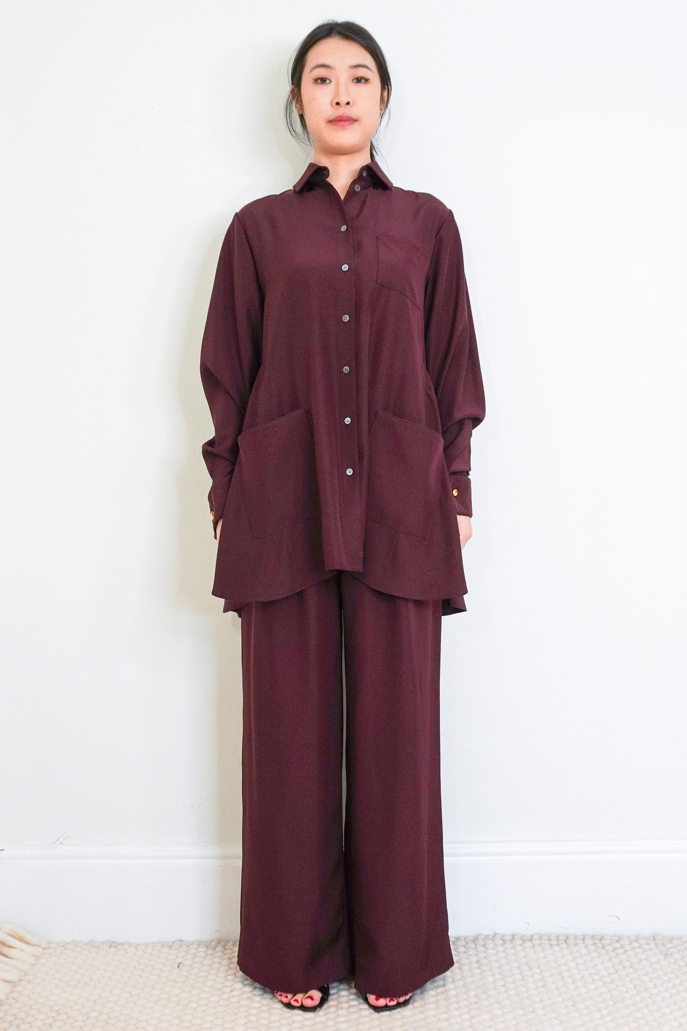 Loewe-Burgundy-Silk-Trousers-front-picture-chelsea-london