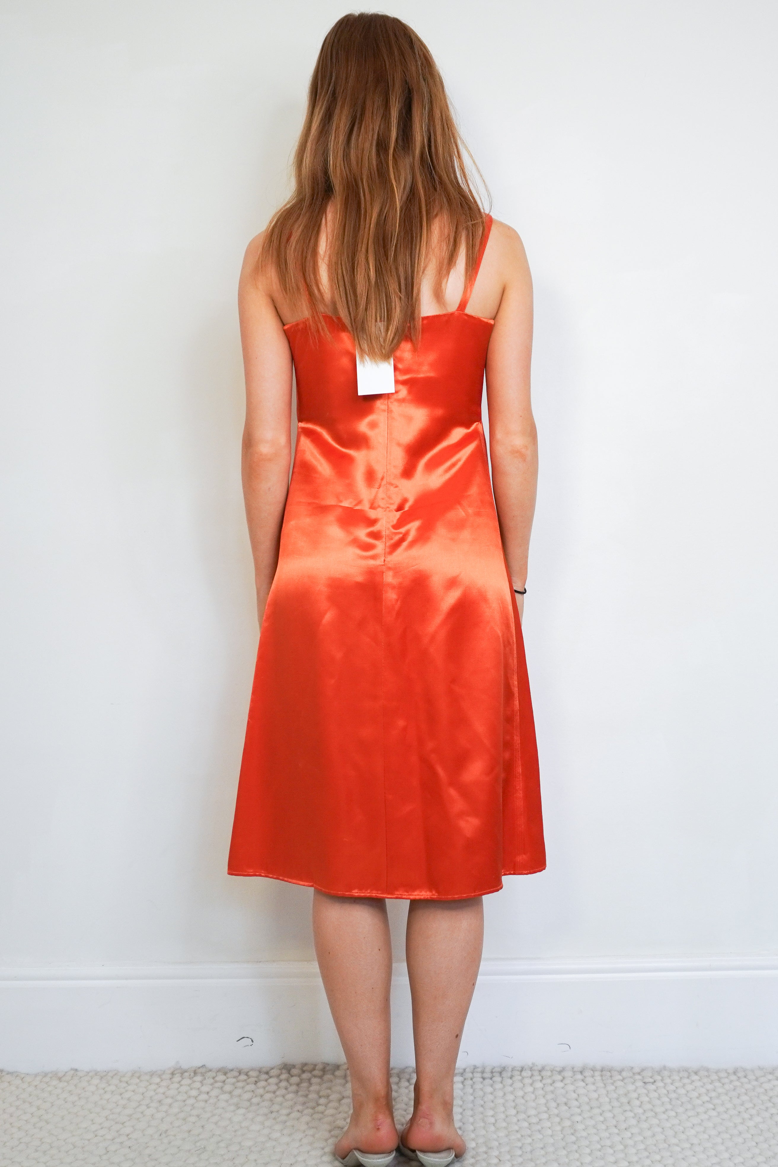 Loewe Orange Silk-Panelled Satin Dress back photo chelsea london
