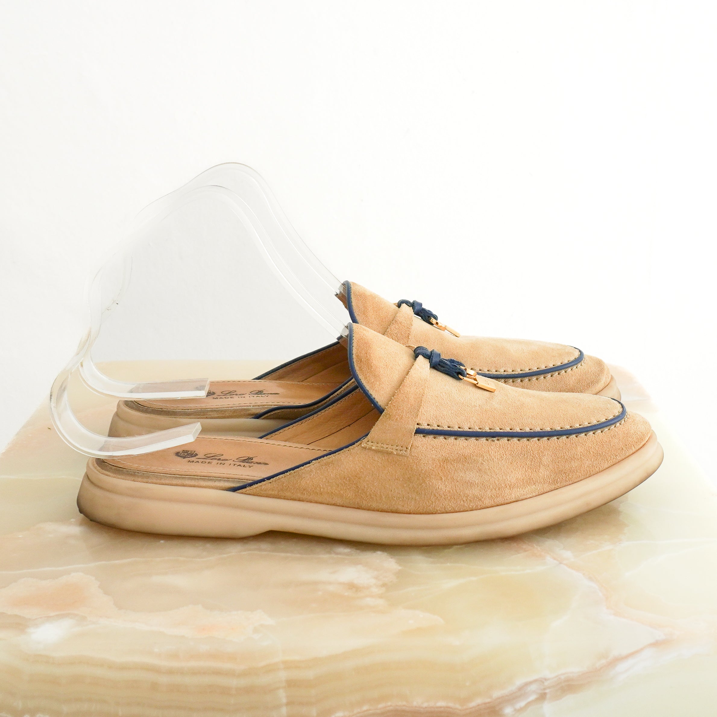 Loro Piana Summer Charms Walk Loafers in Beige Suede side photo chelsea london