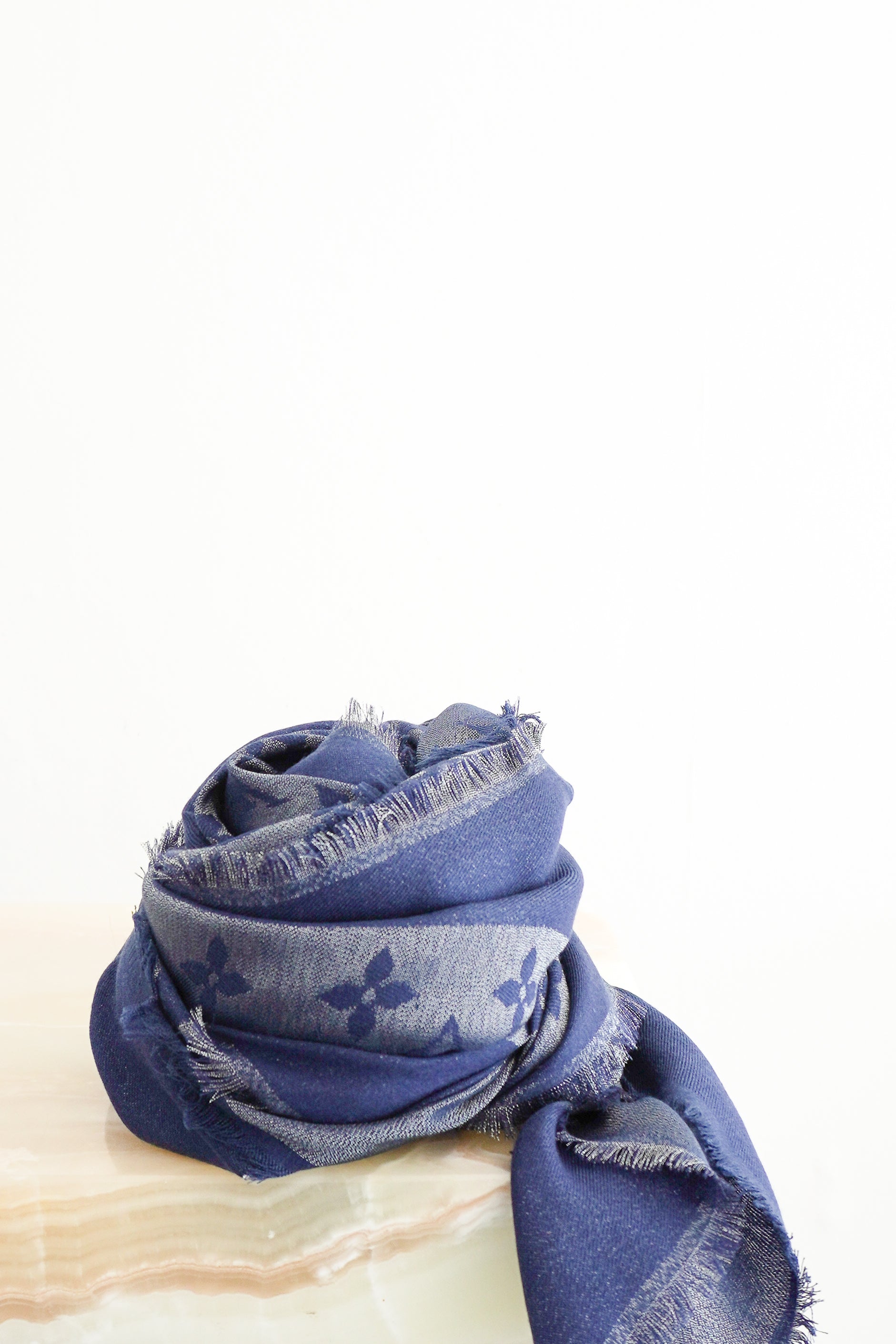 Louis Vuitton Monogram Navy Silk Shine Shawl front photo chelsea london