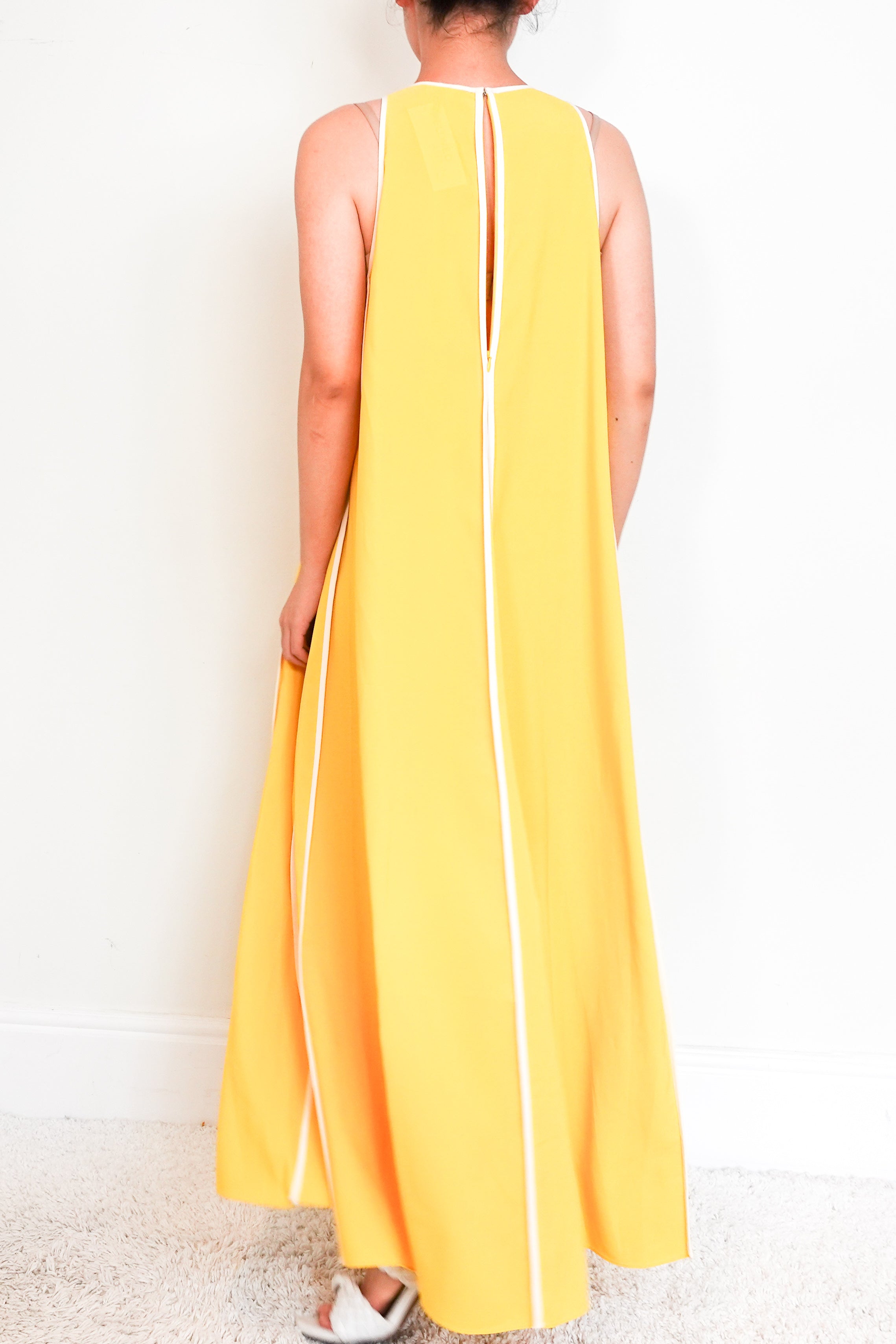ME-EM-Yellow-Sleeveless-maxi-dress-with-white-stripes-back-picture