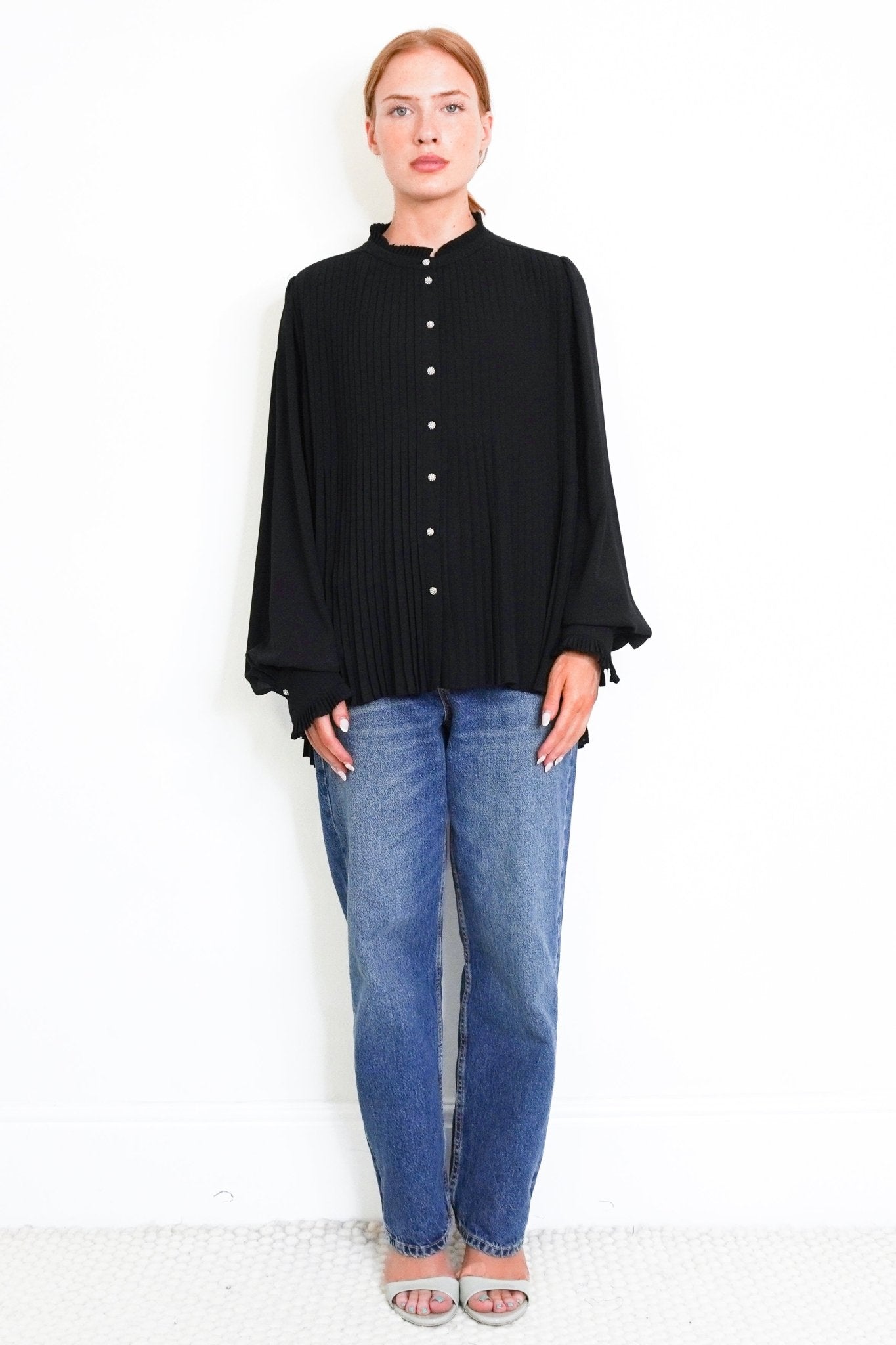 ME+EM Black Crepe Pearlised Button Pleated Blouse (RRP £200) | Authentic Preloved FINAL SALE - Reloved Again